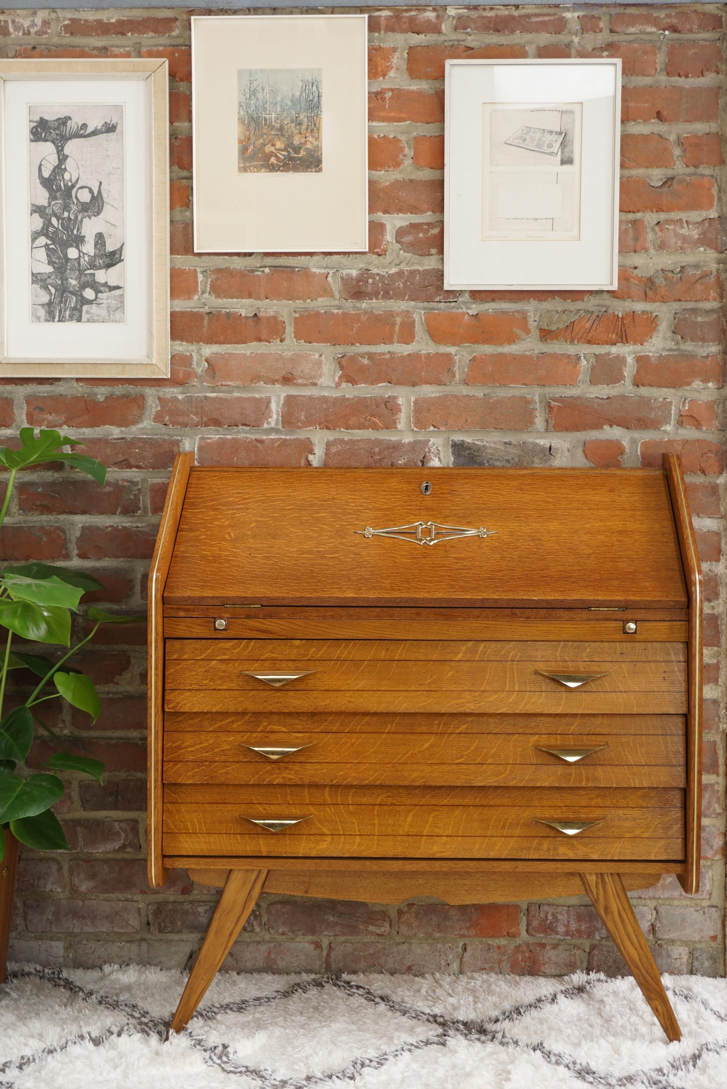 1950s French Design Oak Wooden Chest of Drawers / Secretary with Brass Finish 10