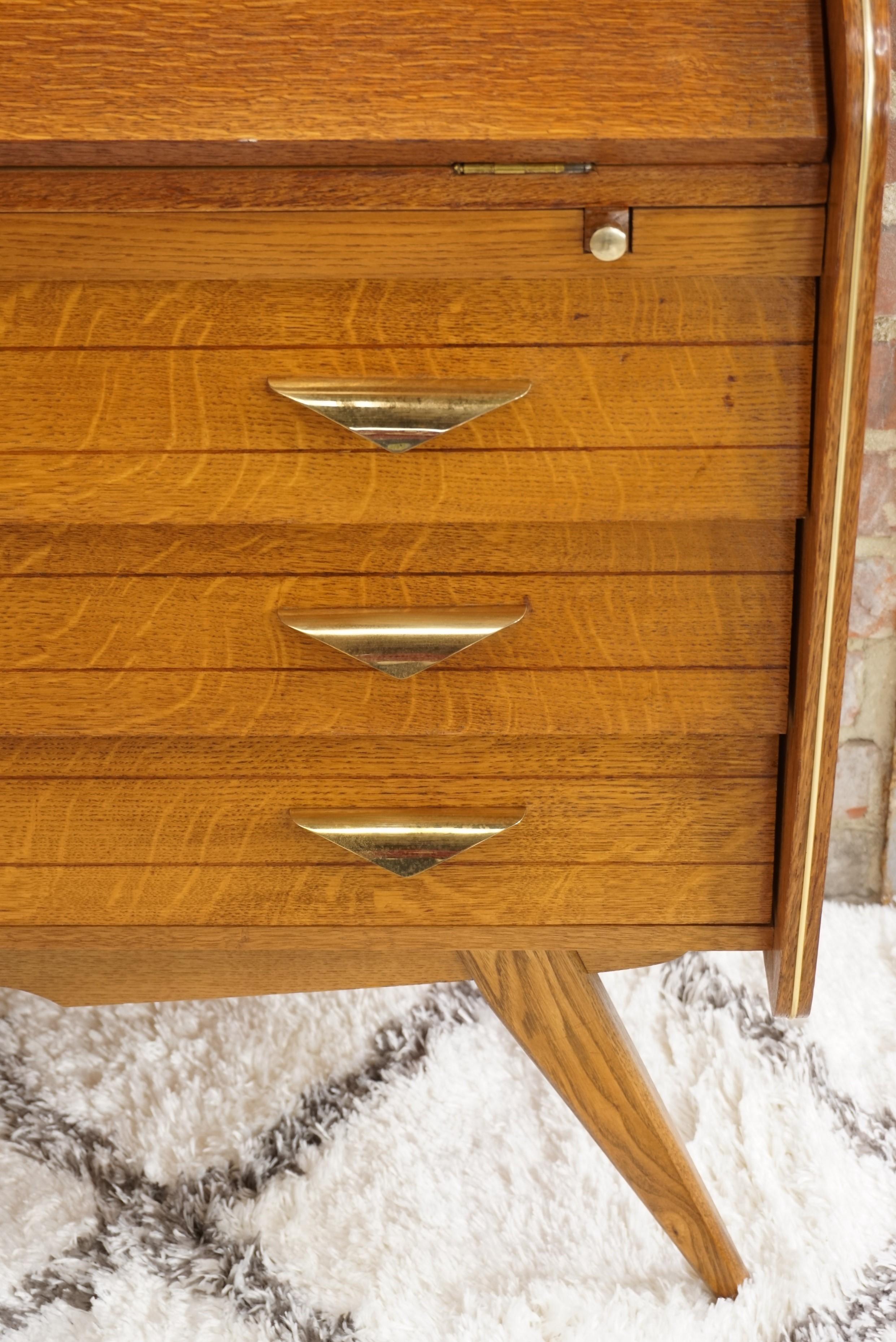 1950s French Design Oak Wooden Chest of Drawers / Secretary with Brass Finish 11