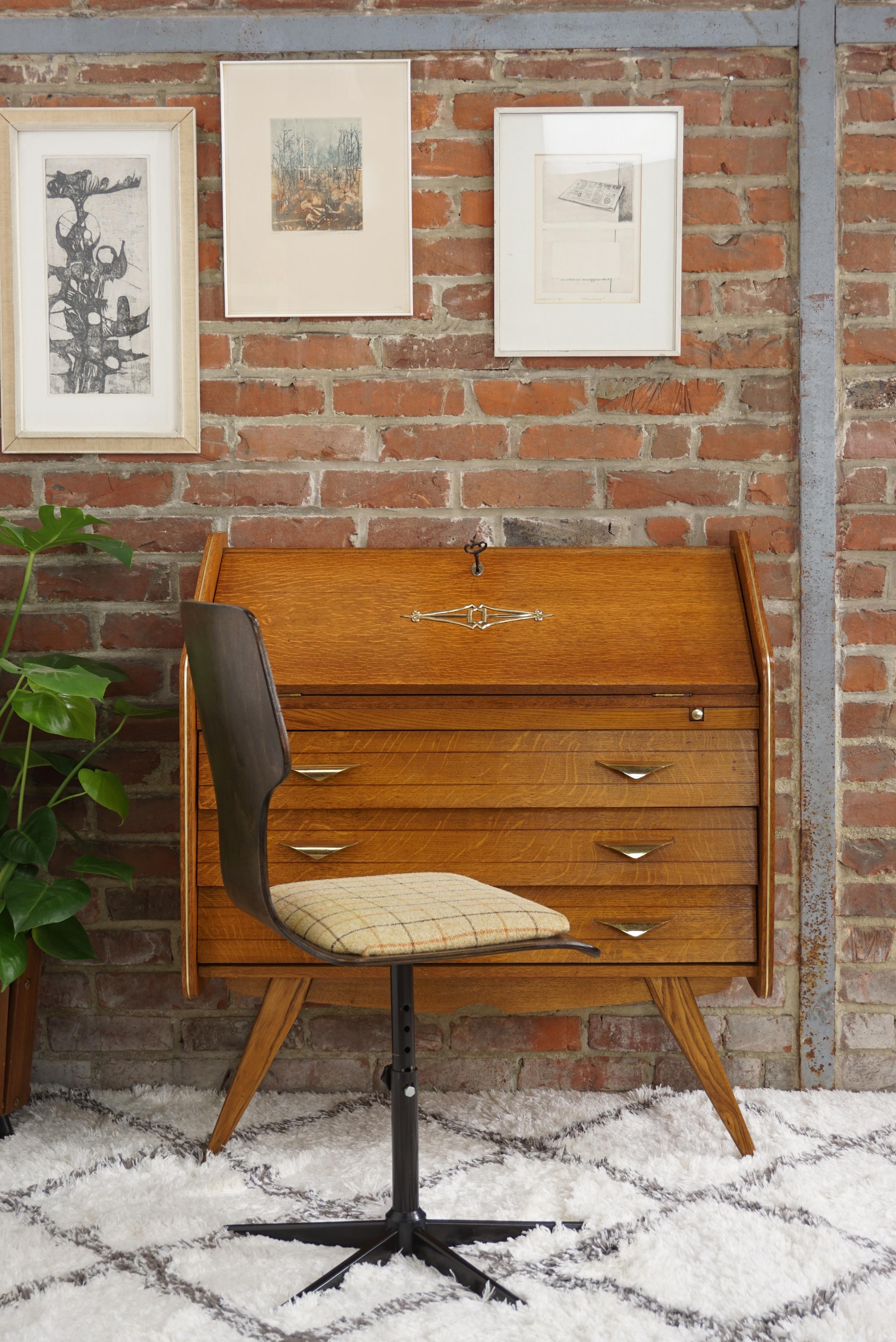 1950s French Design Oak Wooden Chest of Drawers / Secretary with Brass Finish 14