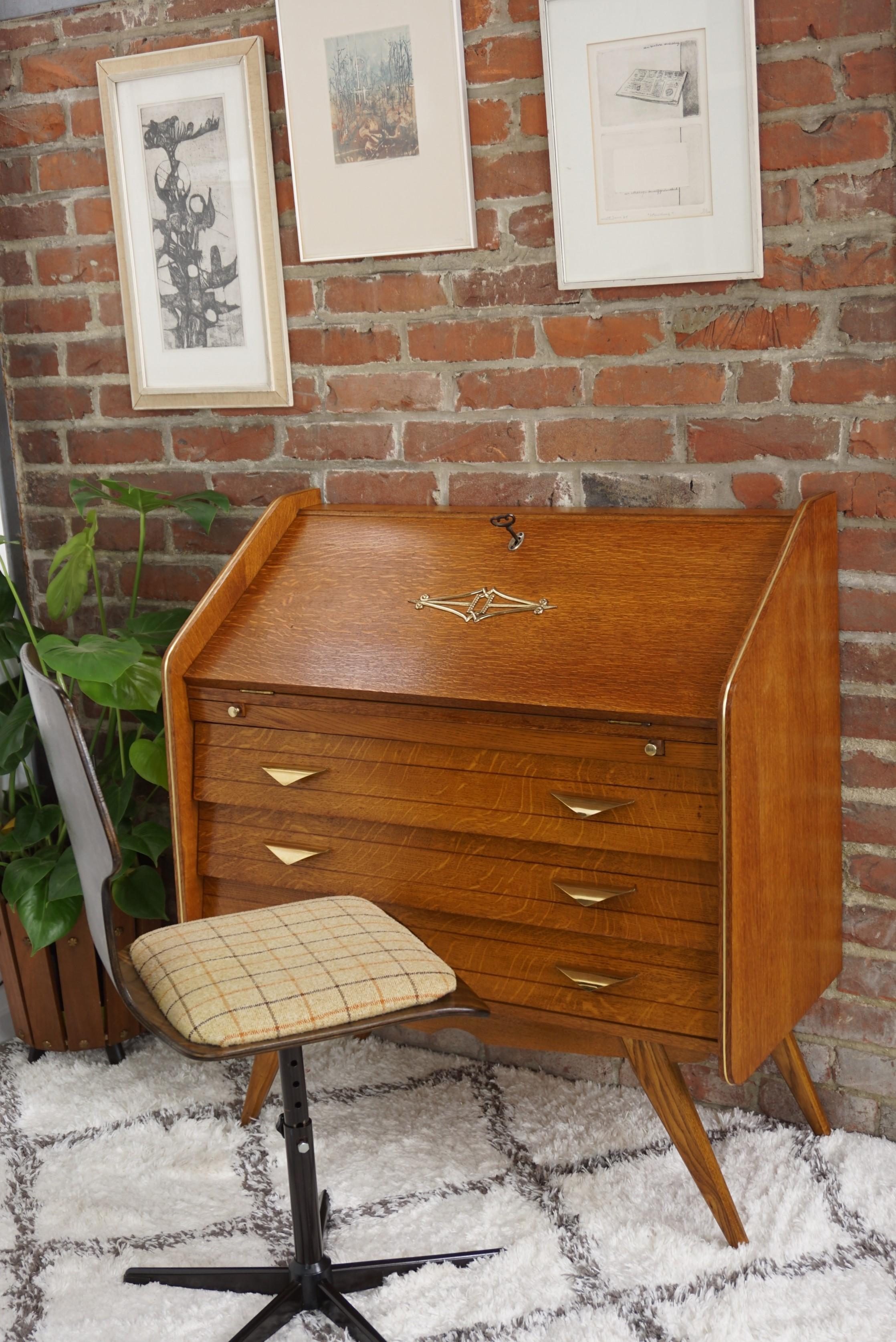 1950s French Design Oak Wooden Chest of Drawers / Secretary with Brass Finish 15