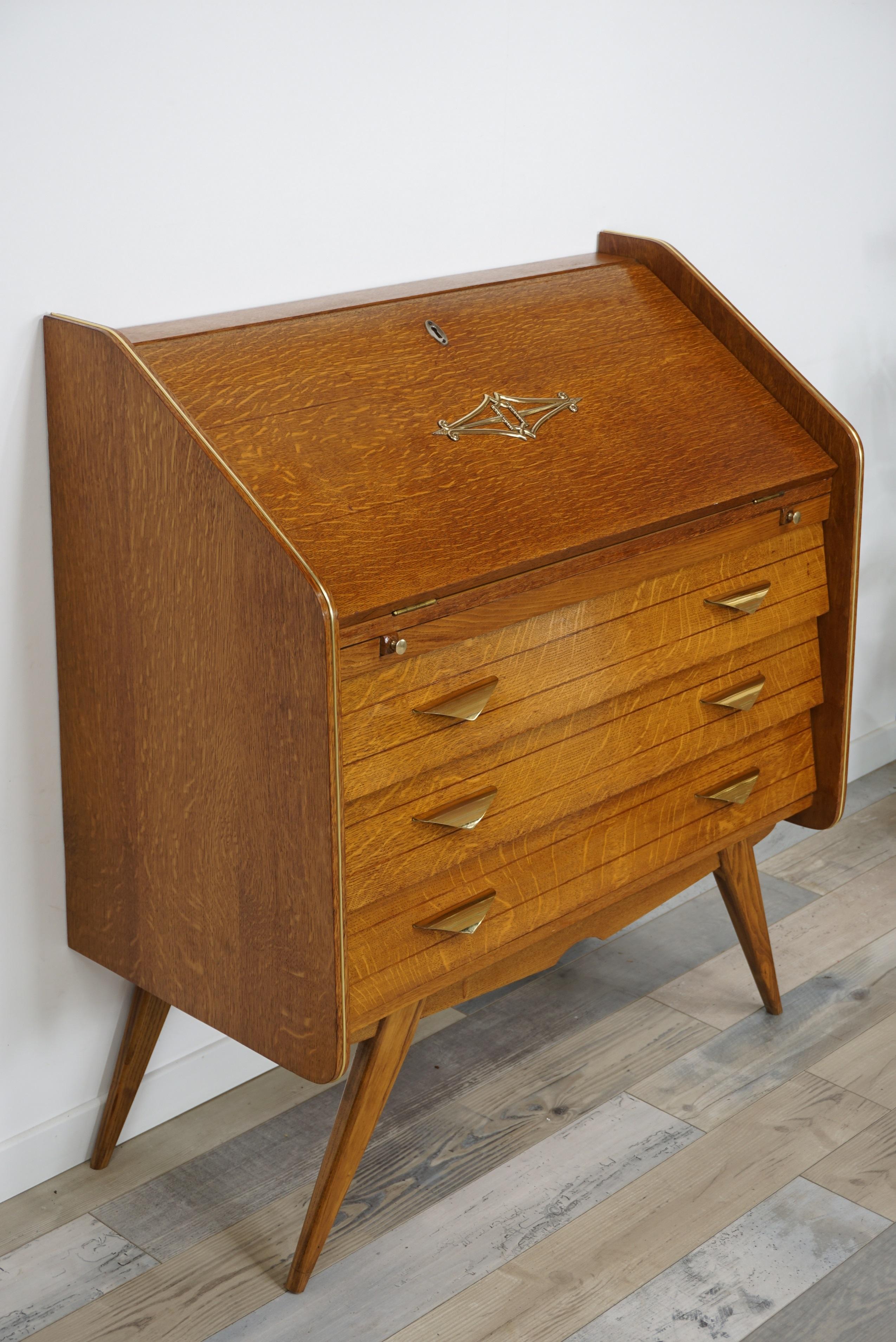 Mid-Century Modern 1950s French Design Oak Wooden Chest of Drawers / Secretary with Brass Finish