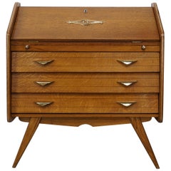 1950s French Design Oak Wooden Chest of Drawers / Secretary with Brass Finish