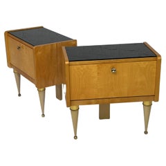 1950s French Design Pair of Wooden Brass and Glass Bedside Tables