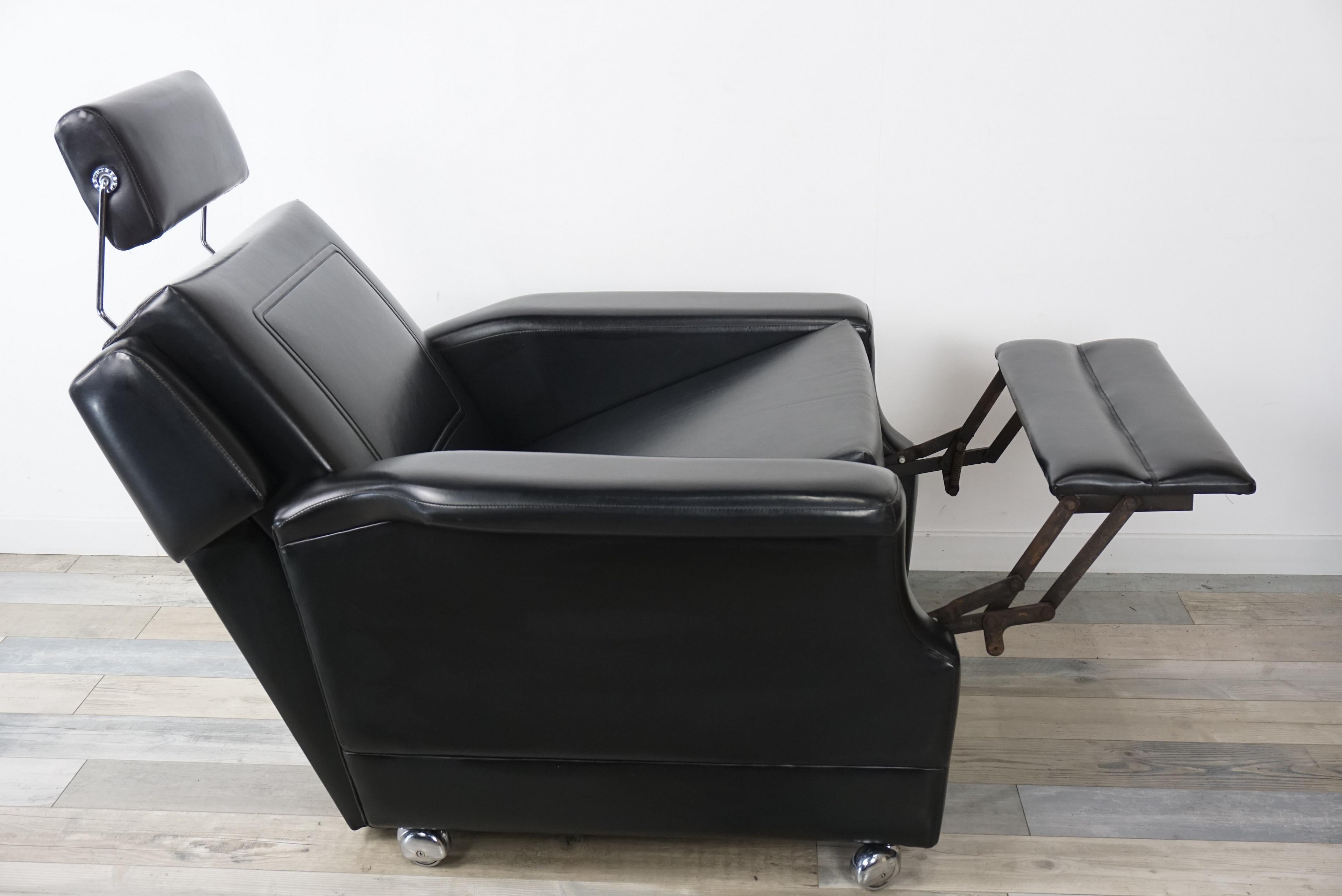 1950s French Design Recliner and Relax Black Faux Leather Armchair 1