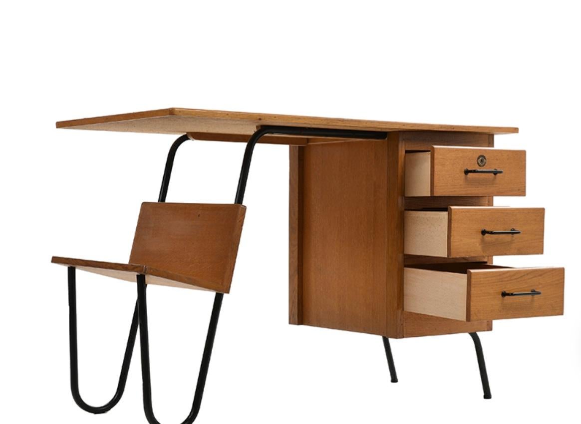 Perfectly formed 1950's French desk  with tubular metal frame wooden top and sides 