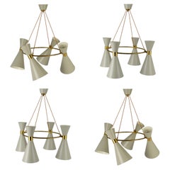 1950's French Diabolo Chandeliers in Brass & Light Grey Metal