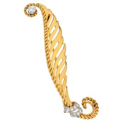 1950's French Diamond Platinum 18 Karat Yellow Gold Vintage Feather Brooch
