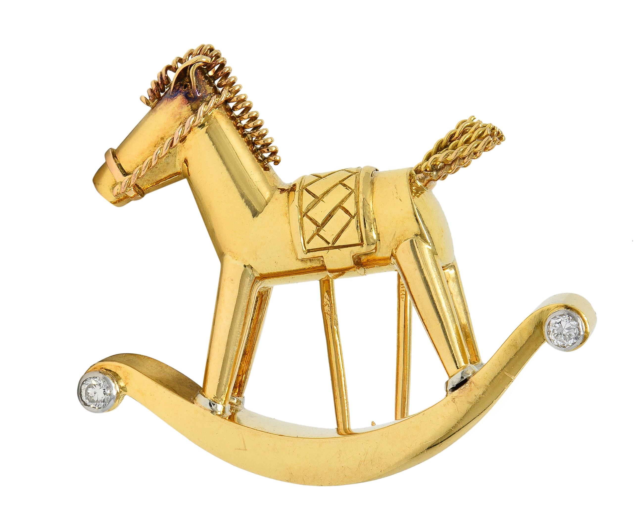 1950's French Diamond Platinum 18 Karat Yellow Gold Vintage Rocking Horse Brooch For Sale 4