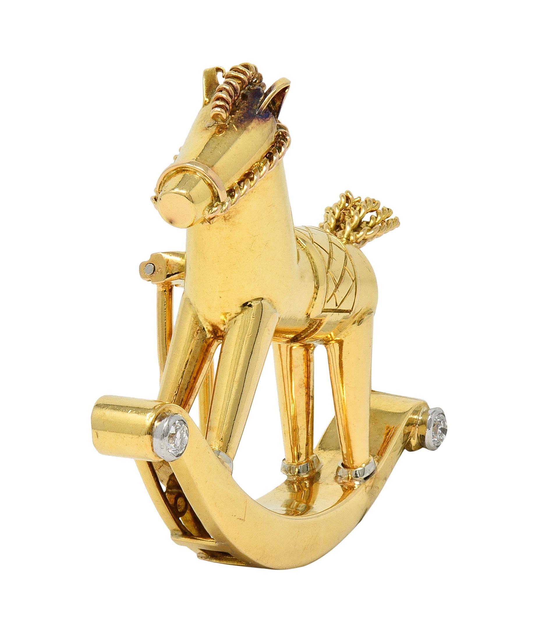 Modern 1950's French Diamond Platinum 18 Karat Yellow Gold Vintage Rocking Horse Brooch For Sale