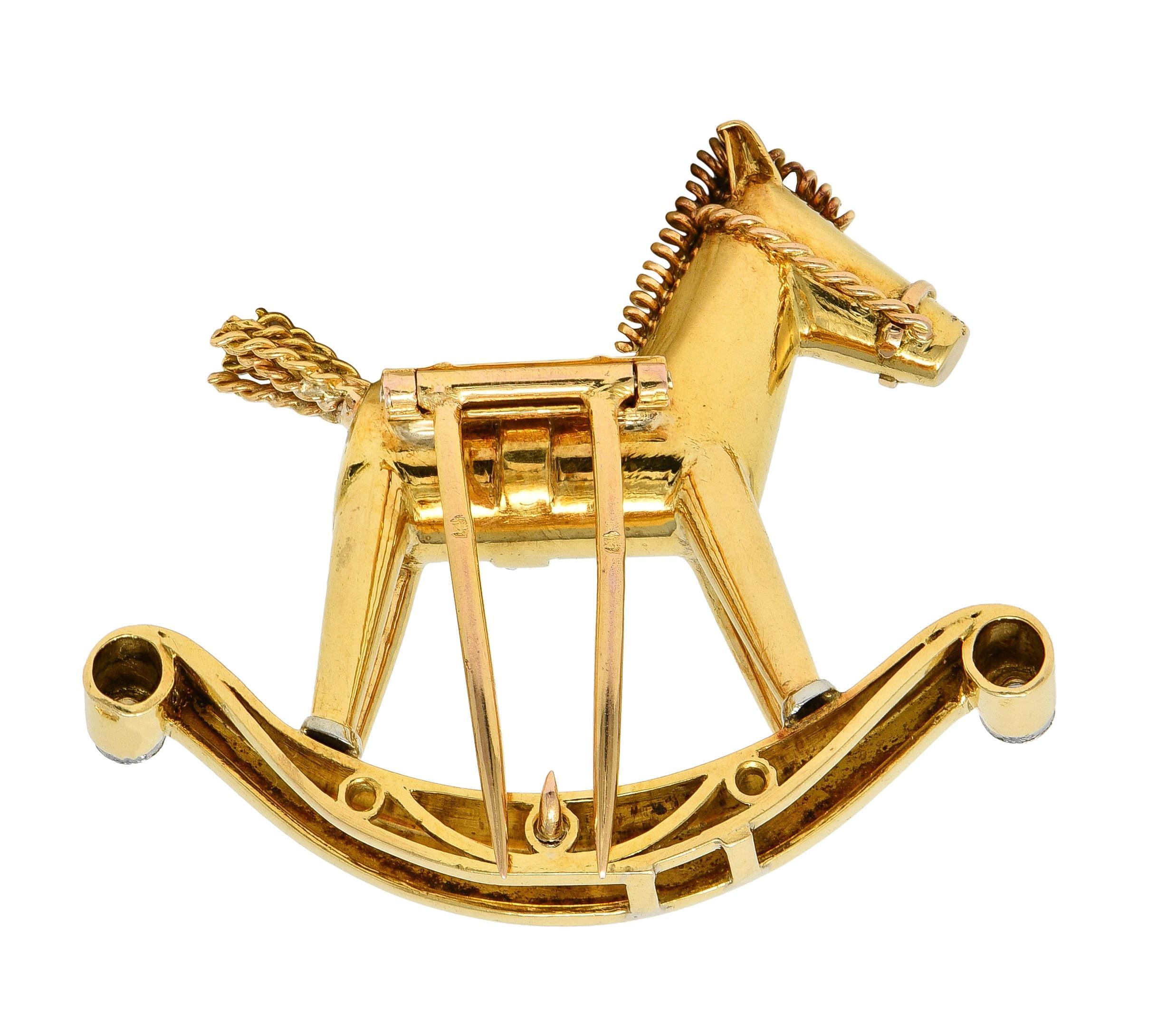 Old European Cut 1950's French Diamond Platinum 18 Karat Yellow Gold Vintage Rocking Horse Brooch For Sale