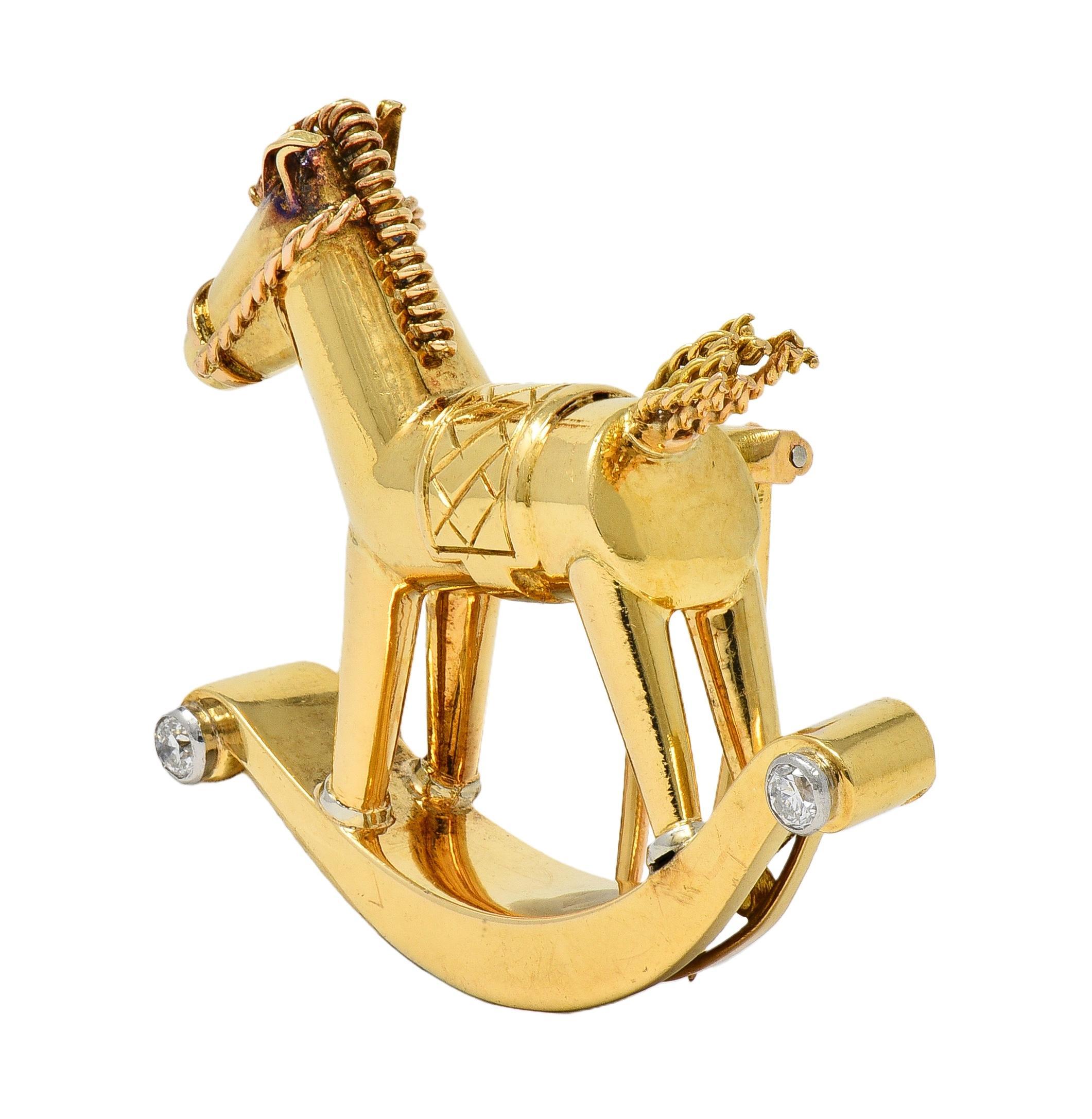 1950's French Diamond Platinum 18 Karat Yellow Gold Vintage Rocking Horse Brooch In Excellent Condition For Sale In Philadelphia, PA