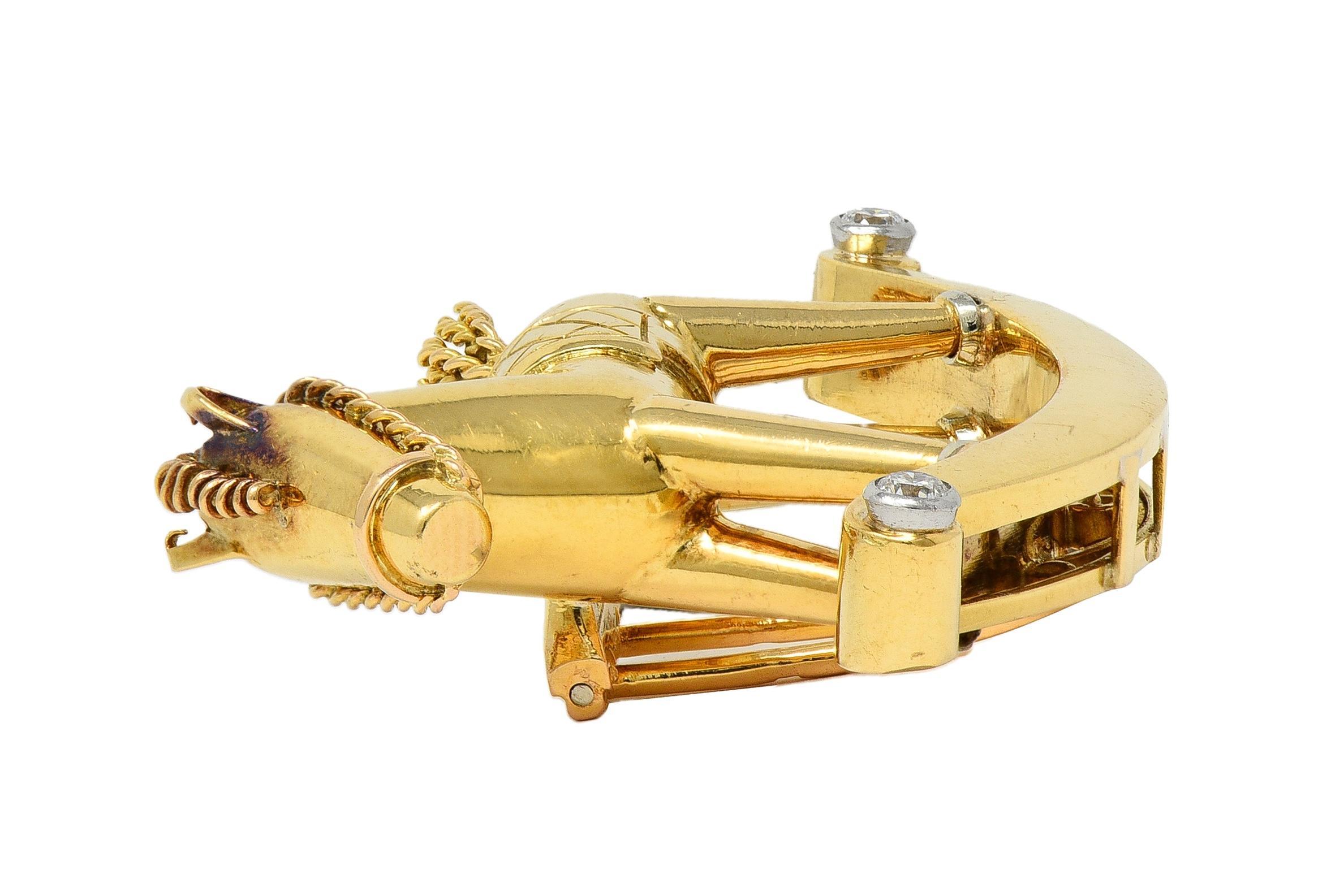 1950's French Diamond Platinum 18 Karat Yellow Gold Vintage Rocking Horse Brooch For Sale 2