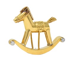 Spilla francese del 1950 con diamante e platino in oro giallo 18 carati Vintage Horse