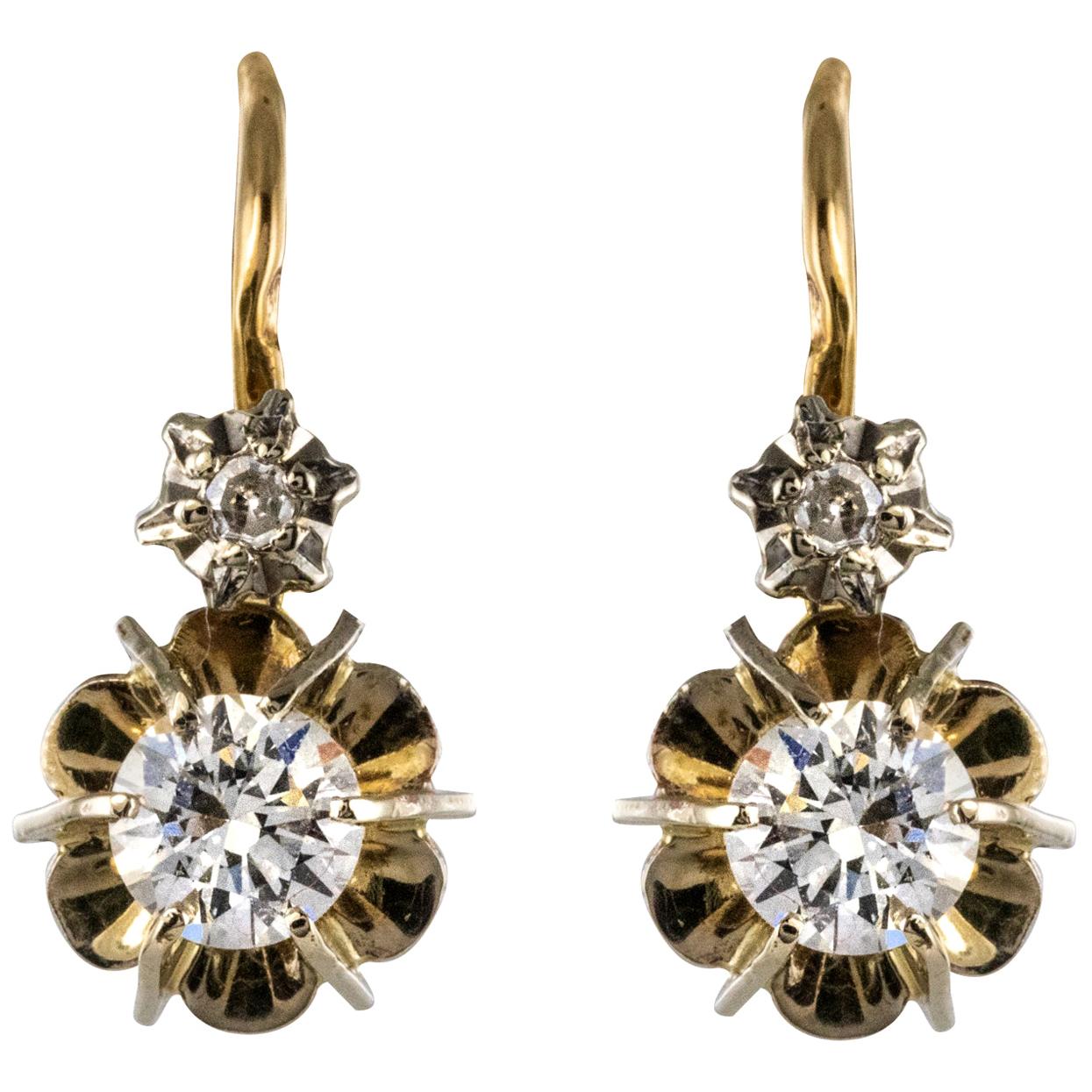 1950s French Diamonds 18 Karat Yellow Gold Lever, Back Earrings