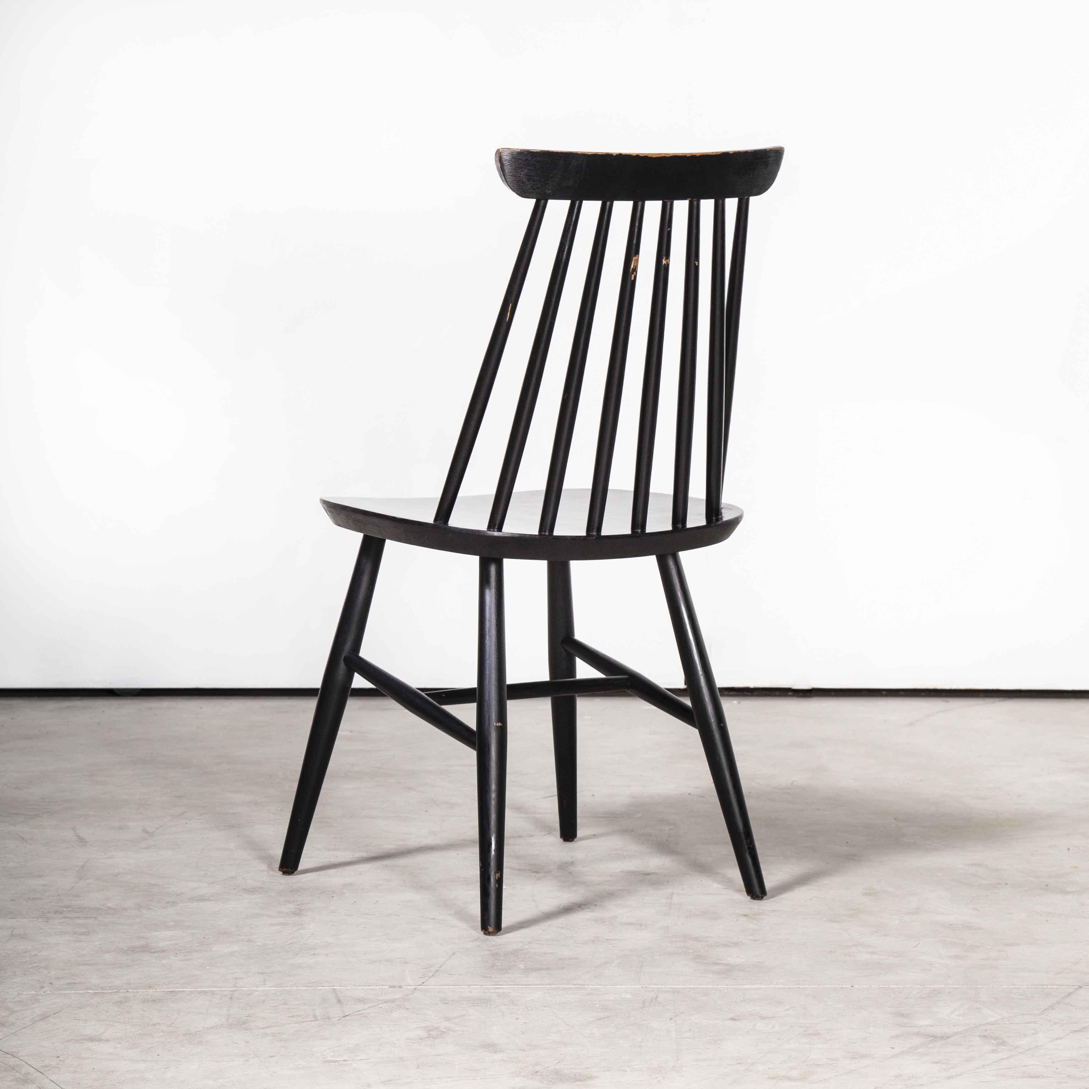 1950’s French ebonised stick back dining chairs – set of four
1950’s French ebonised stick back dining chairs – set of four. A classic design born in the fifties and produced in variation through Europe to this day. This is a good strong set of
