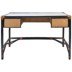 1950s French Ebonized Bamboo and Cane Desk