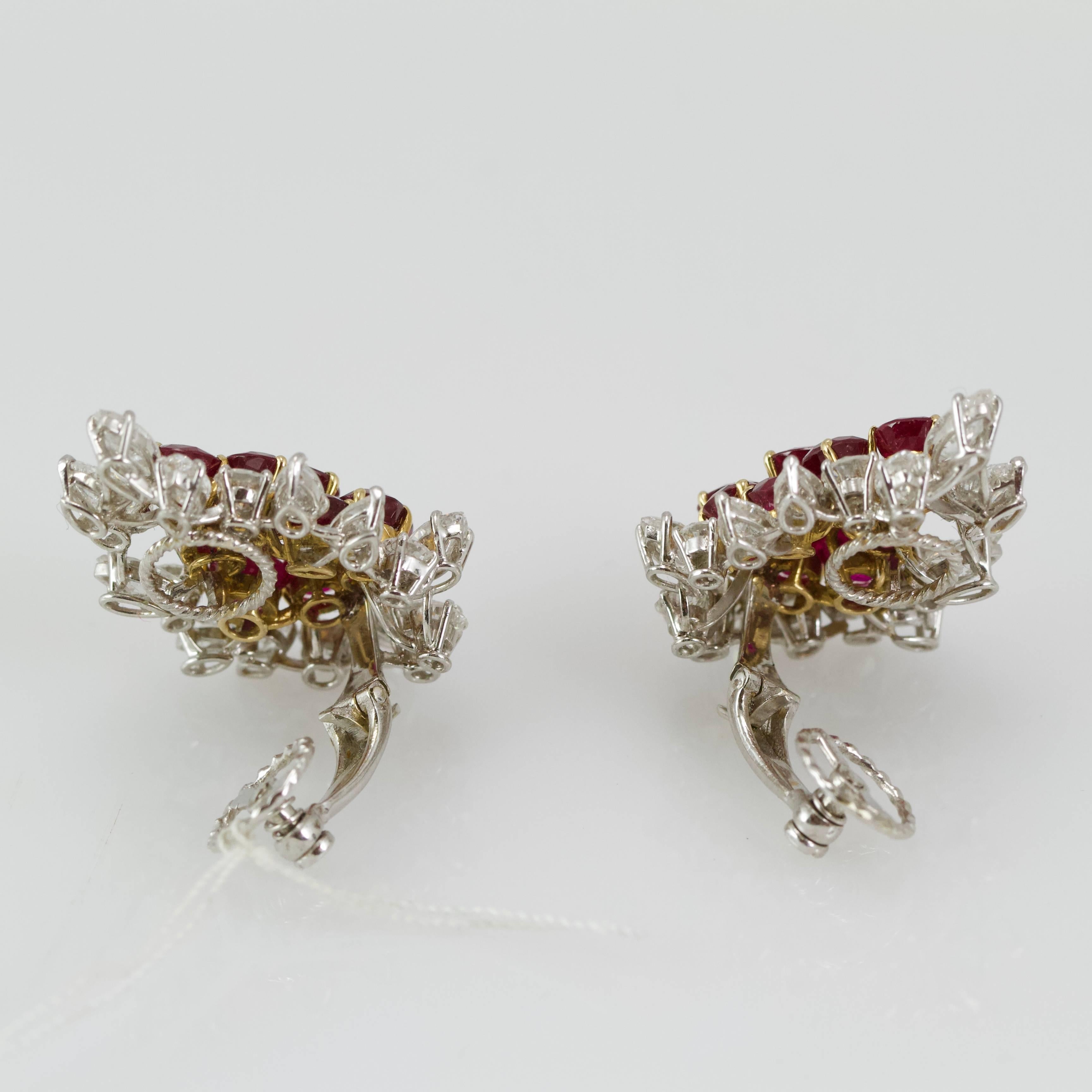 Women's or Men's 1950s French Elegant Diamond Burma Ruby Earclips For Sale