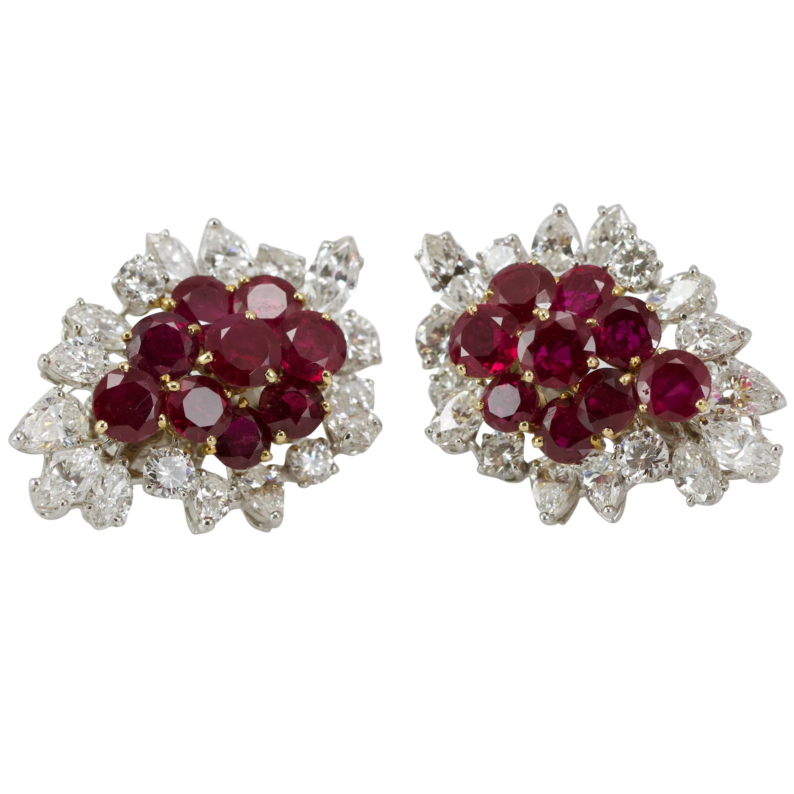 1950s French Elegant Diamond Burma Ruby Earclips For Sale
