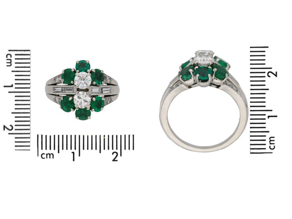 Mixed Cut 1950s French Emerald Diamond Cluster Ring