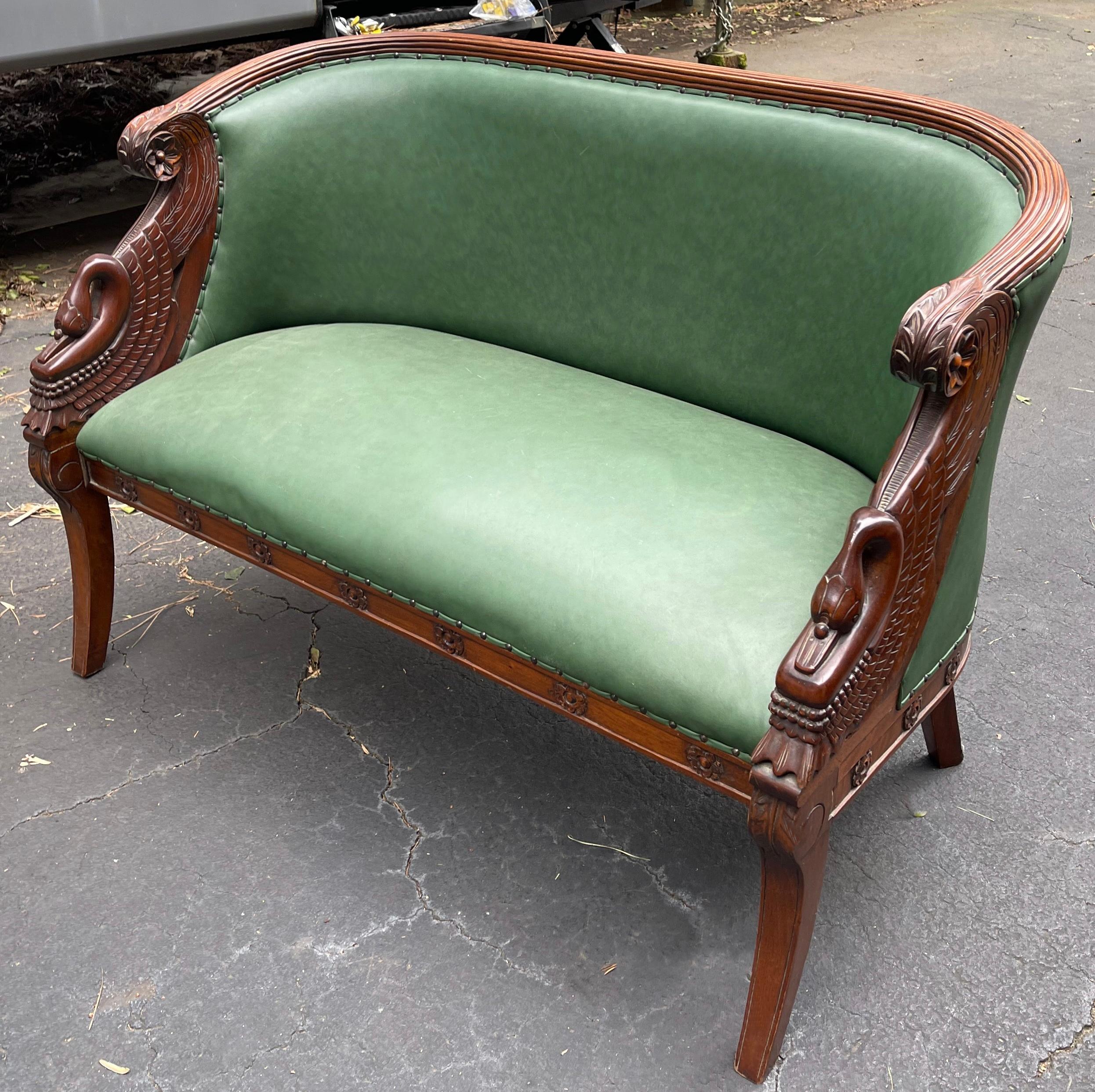 American 1950s French Empire / Neoclassical Style Carved Mahogany and Leather Settee