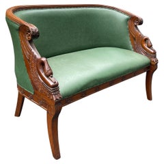 1950s French Empire / Neoclassical Style Carved Mahogany and Leather Settee