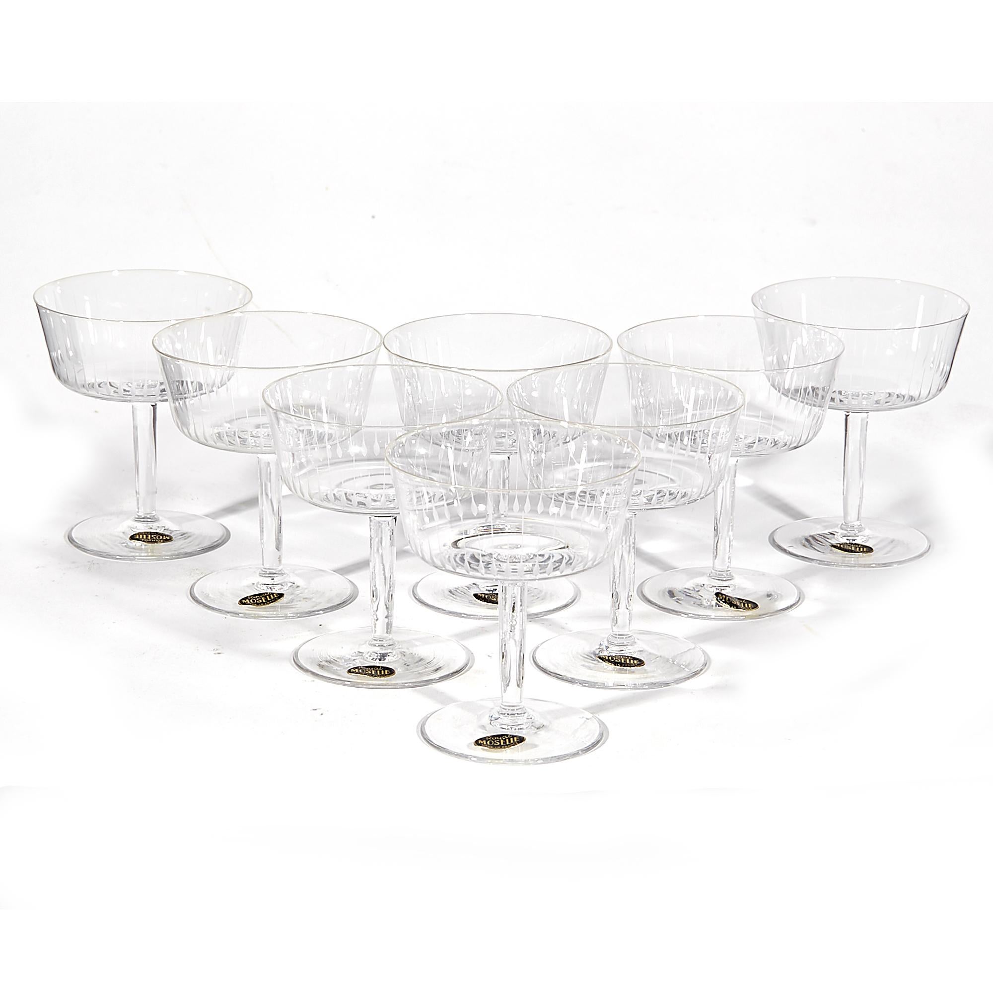 Vintage 1950s set of eight delicate French etched clear glass coupes. Marked: Royal Moselle.