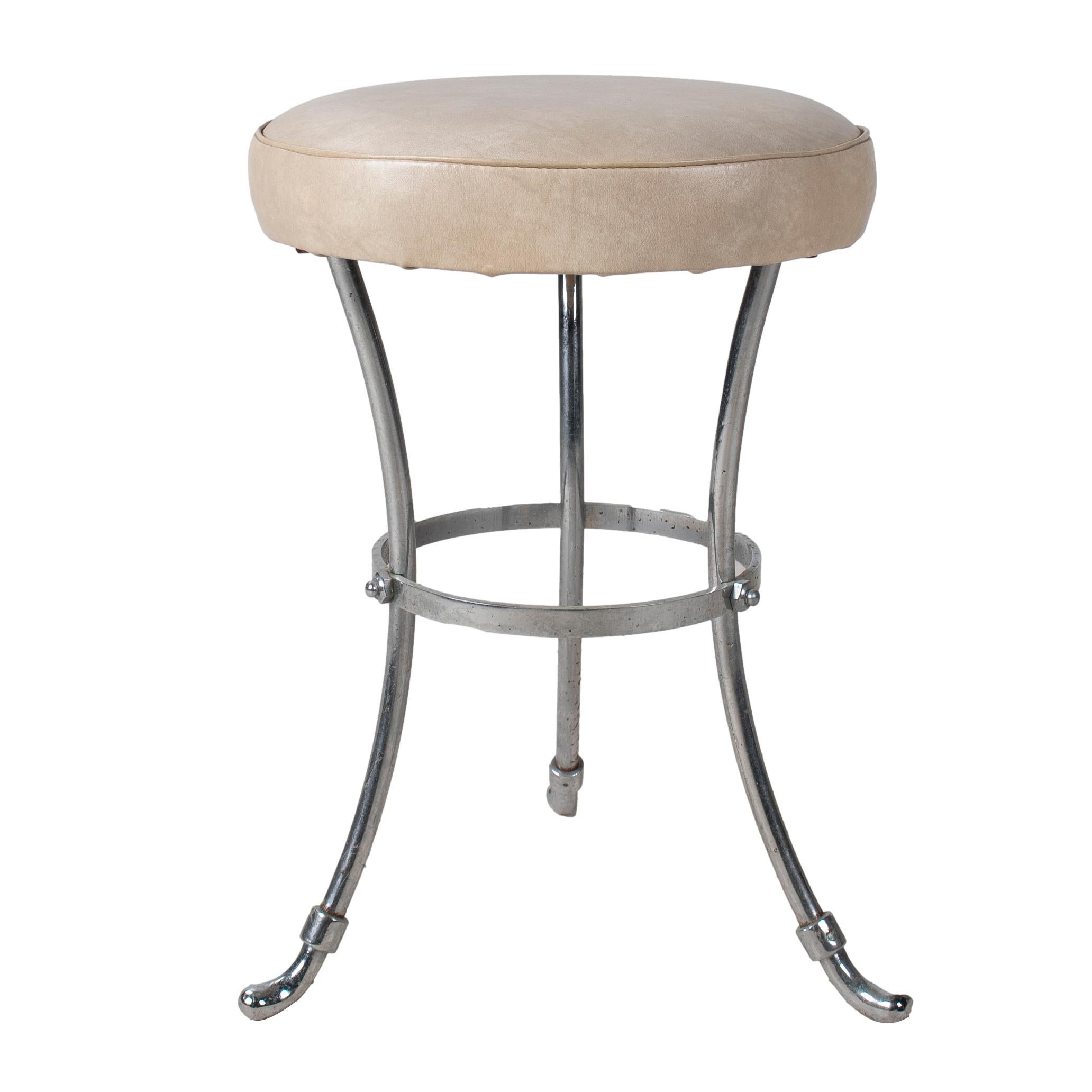 Vintage 1950s French faux leather steel stool.