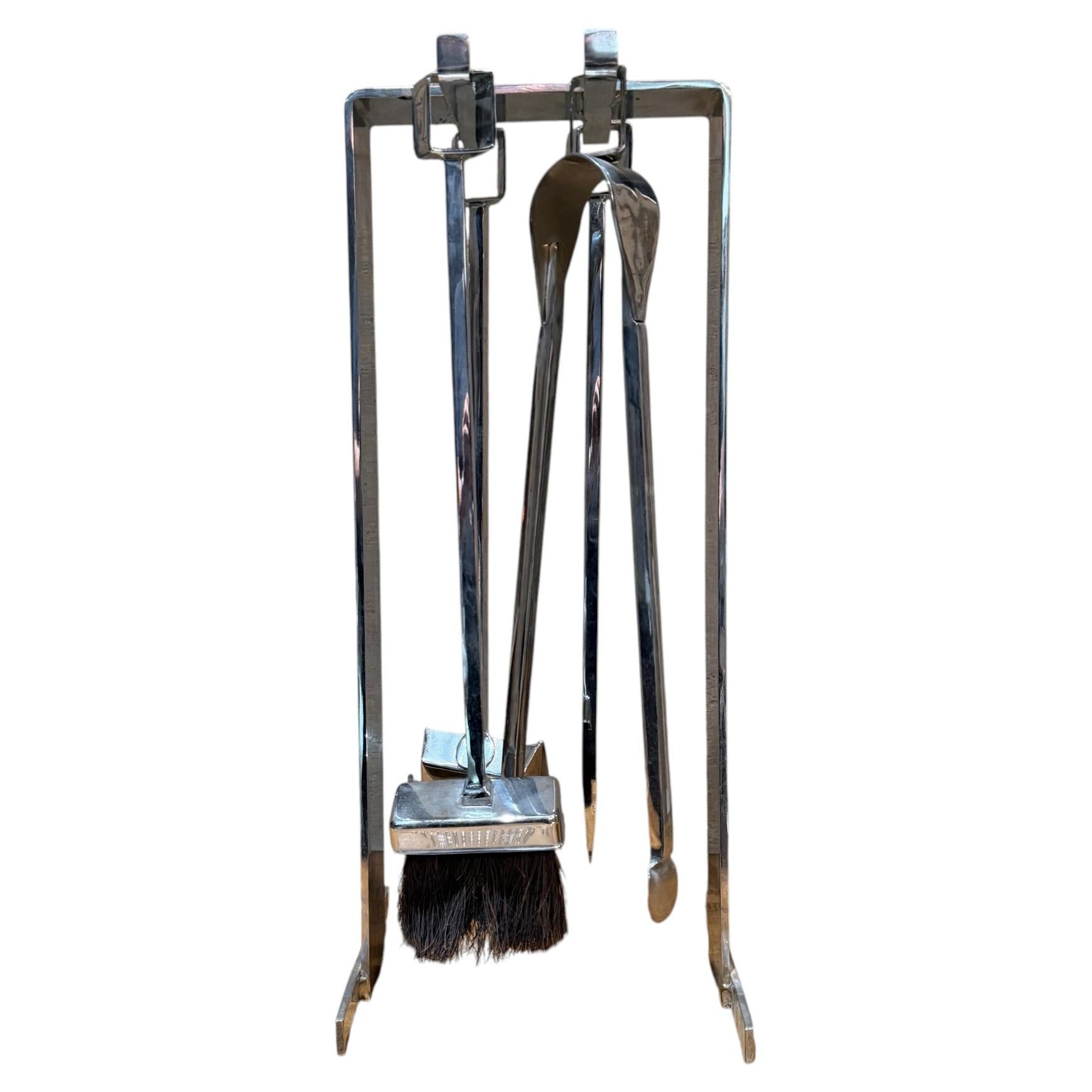 1950s French Fire Tool Chrome Fireplace Set Style Pierre Guariche