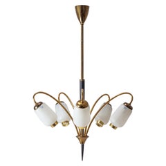 five arm chandelier 1950s French Five-Arm Chandelier, Patinated Brass and Enameled Glass