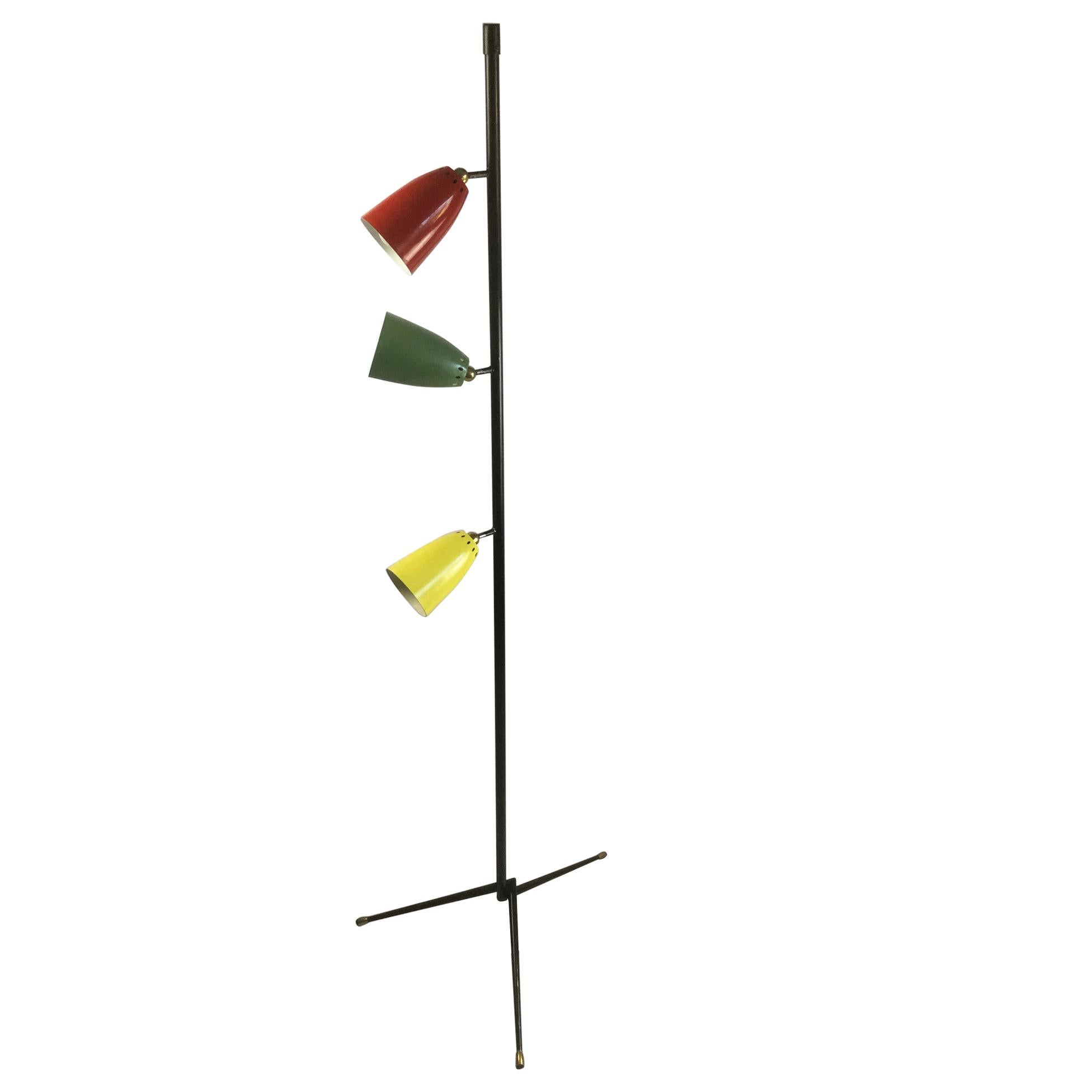 Lampada da terra degli anni '50 con tre paralumi colorati articolati