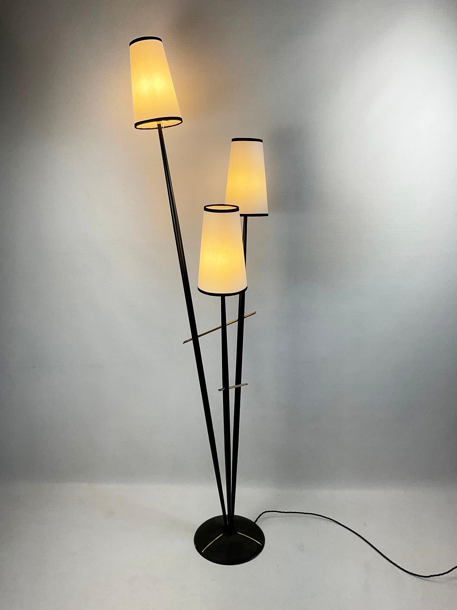 Mid-Century Modern French 1950s Floor Lamp with three branches and parchment lampshade