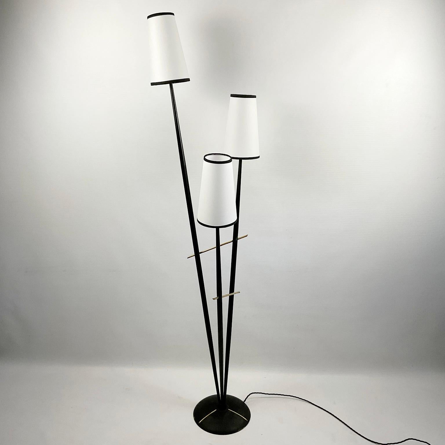 French 1950s Floor Lamp with three branches and parchment lampshade In Good Condition In London, GB
