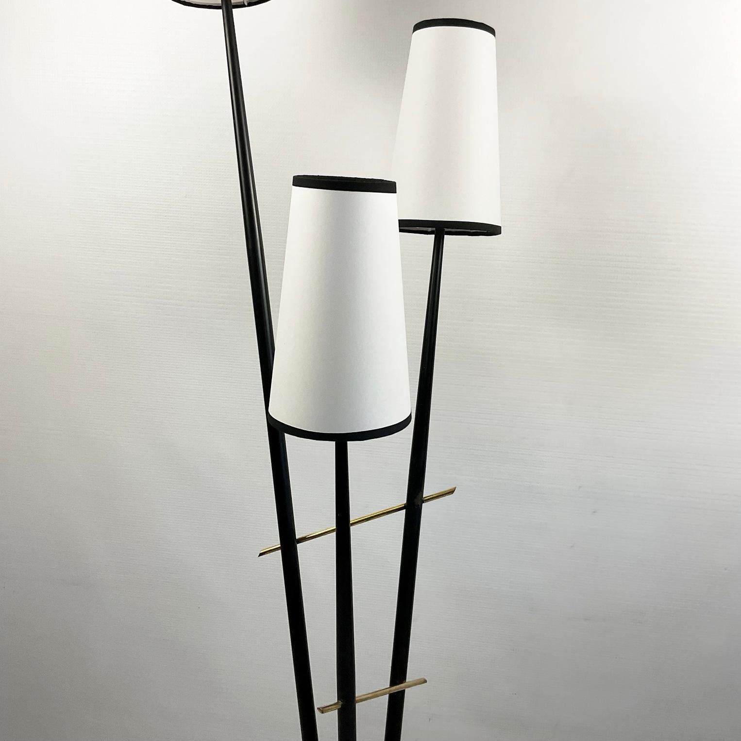20th Century French 1950s Floor Lamp with three branches and parchment lampshade