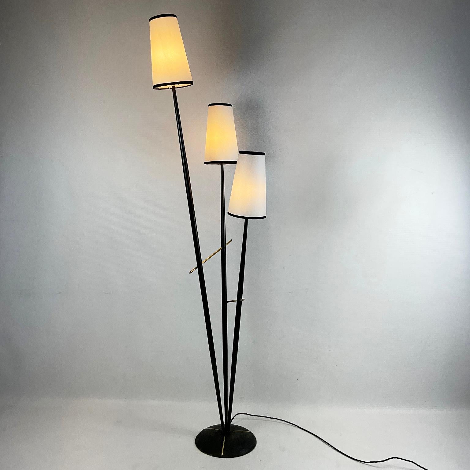 Metal French 1950s Floor Lamp with three branches and parchment lampshade