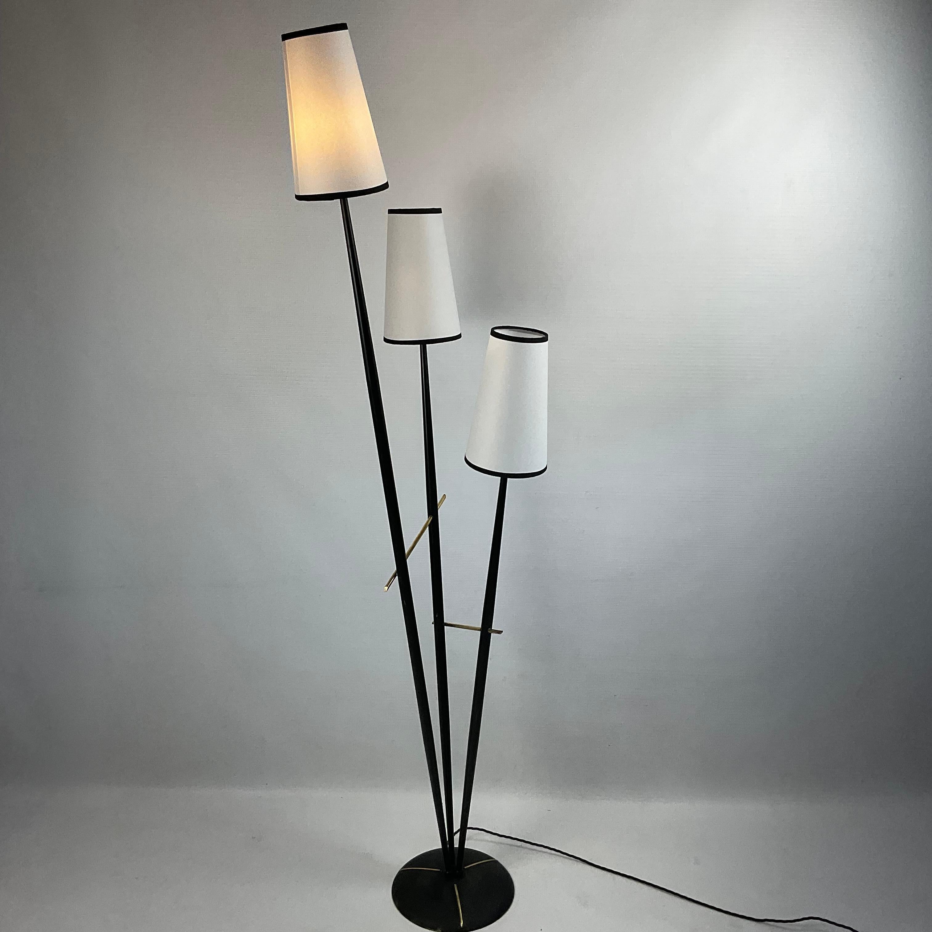 French 1950s Floor Lamp with three branches and parchment lampshade 1