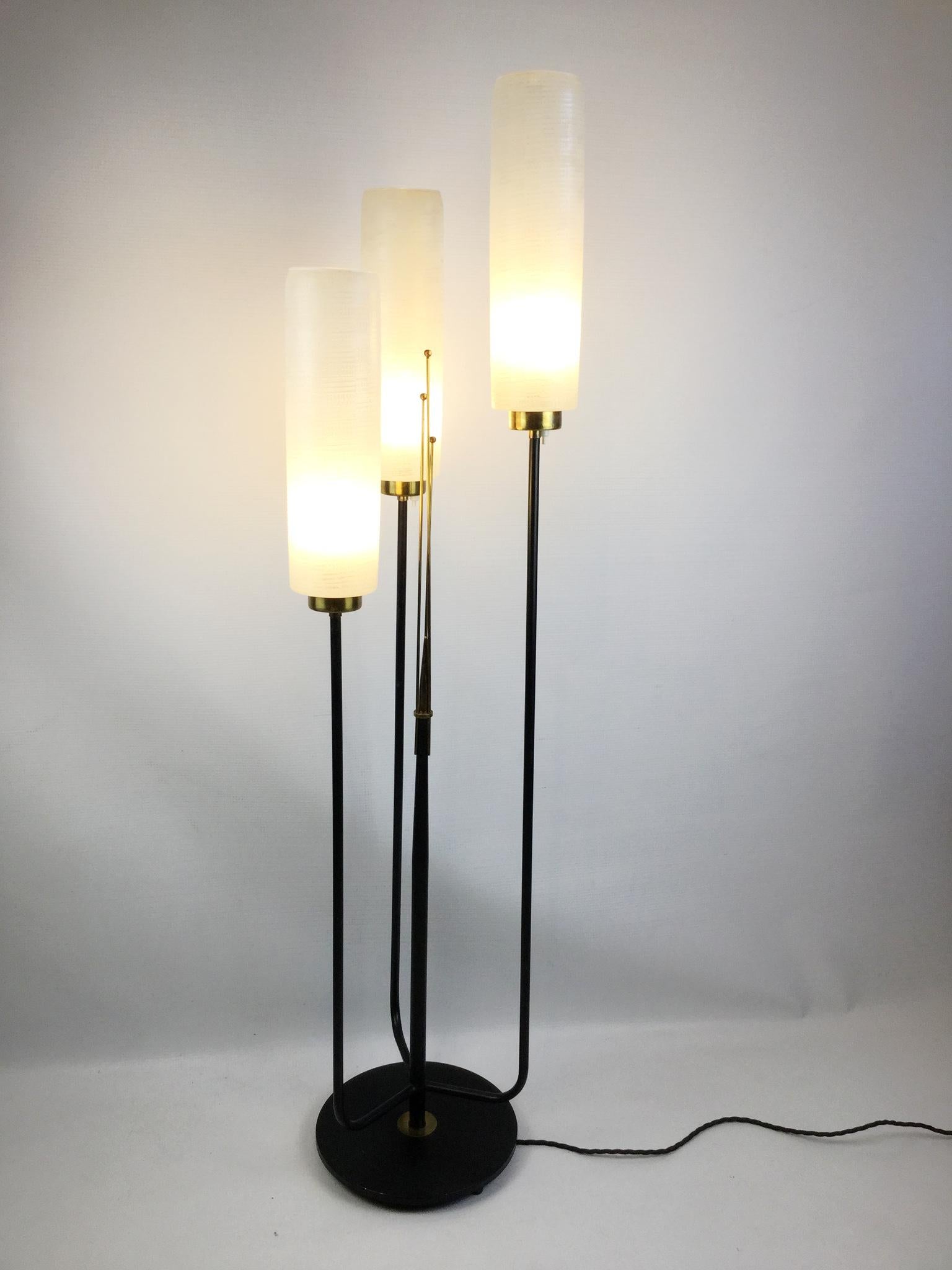 Mid-Century Modern 1950s French Floor Lamp with Three Large Opaline Shades