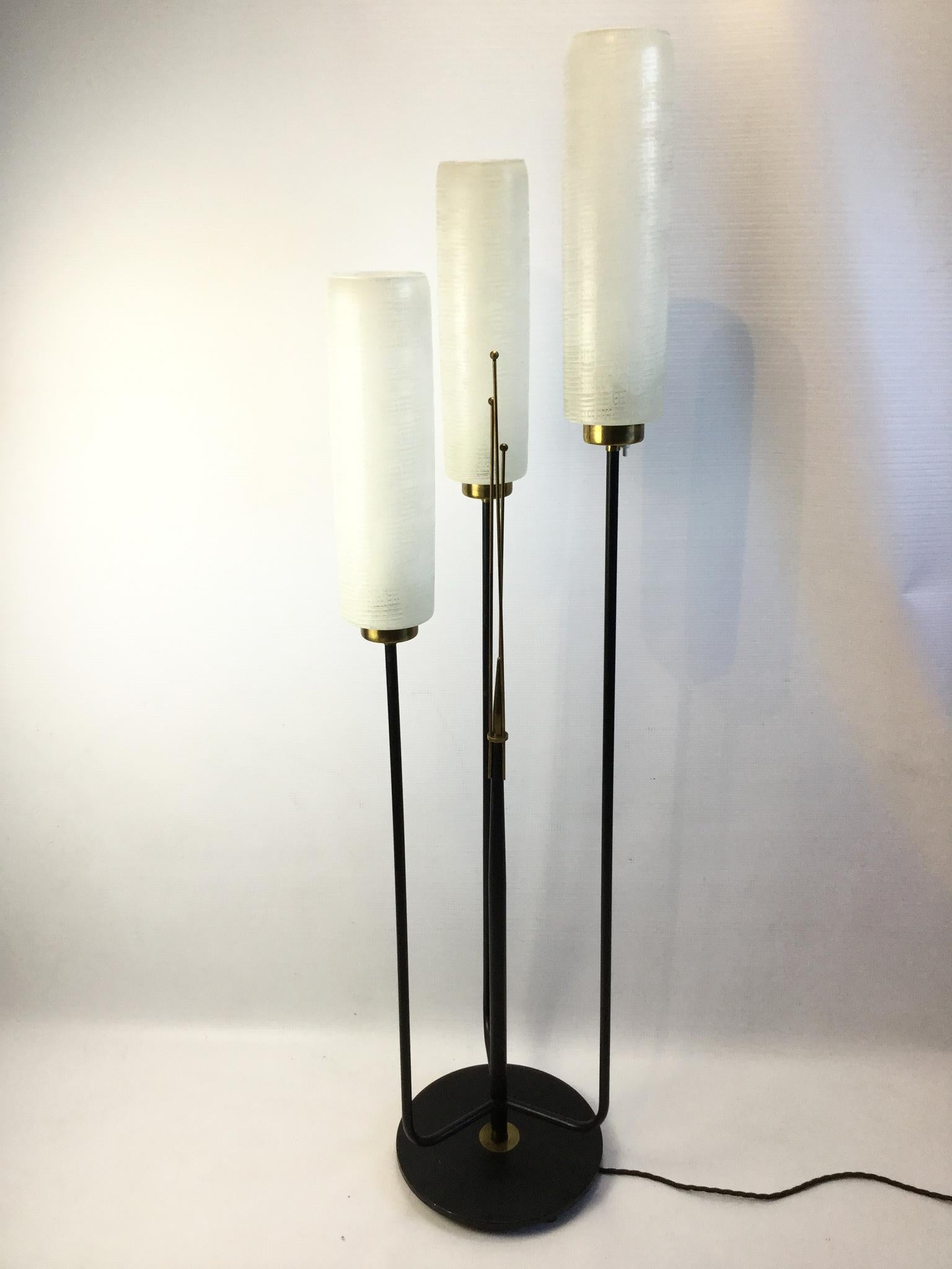 Painted 1950s French Floor Lamp with Three Large Opaline Shades