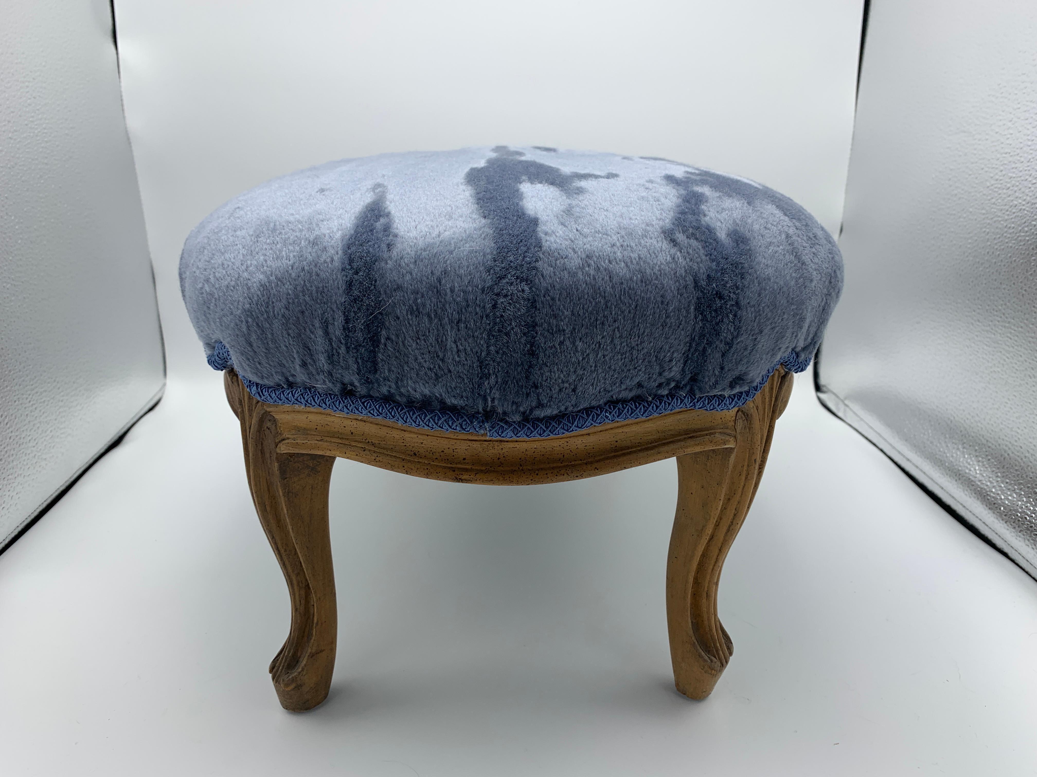 1950s French Footstool in Scalamandré 'Polar Bear - Blue Frost' Mohair For Sale 3