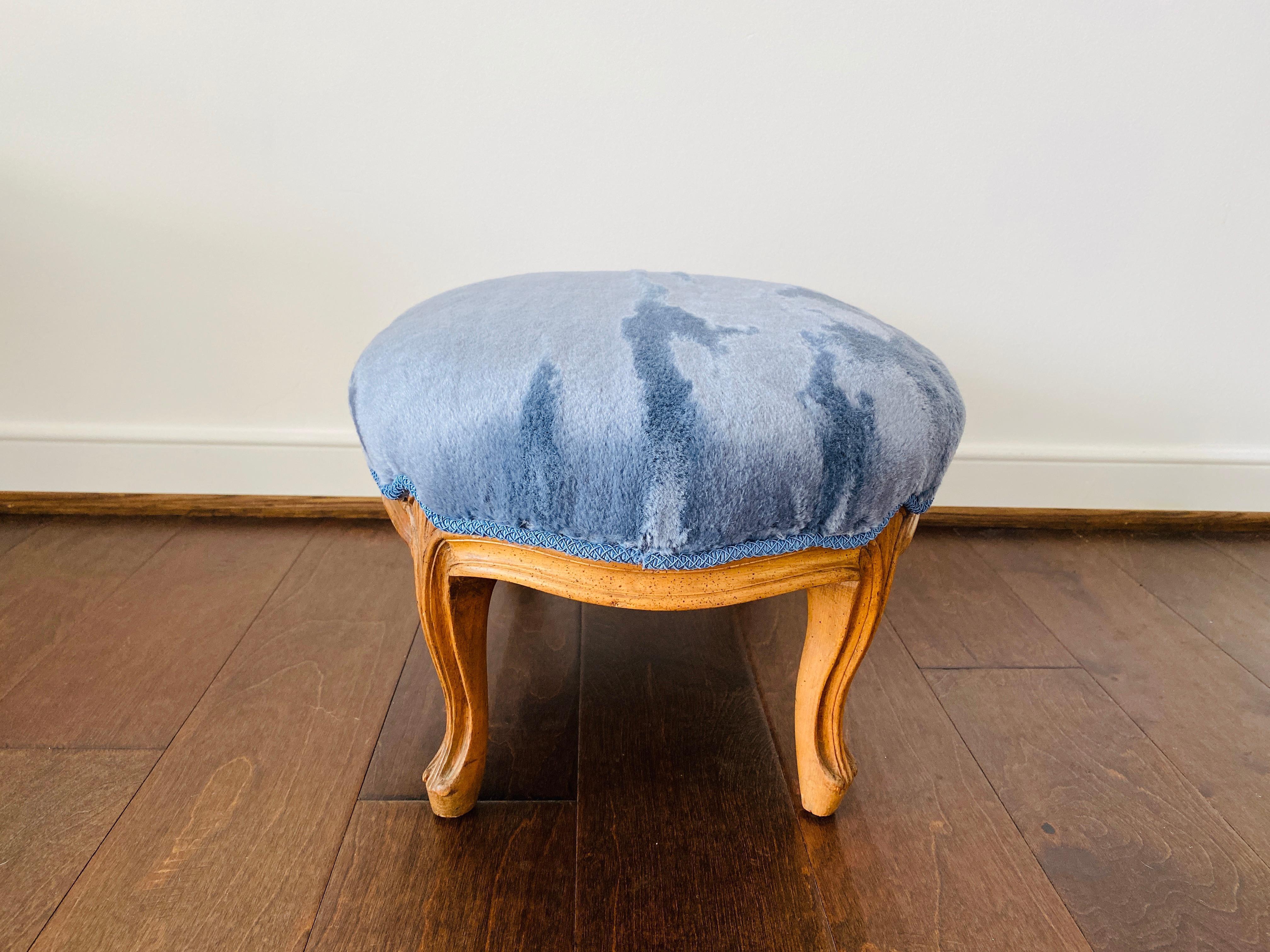 French Provincial 1950s French Footstool in Scalamandré 'Polar Bear - Blue Frost' Mohair For Sale