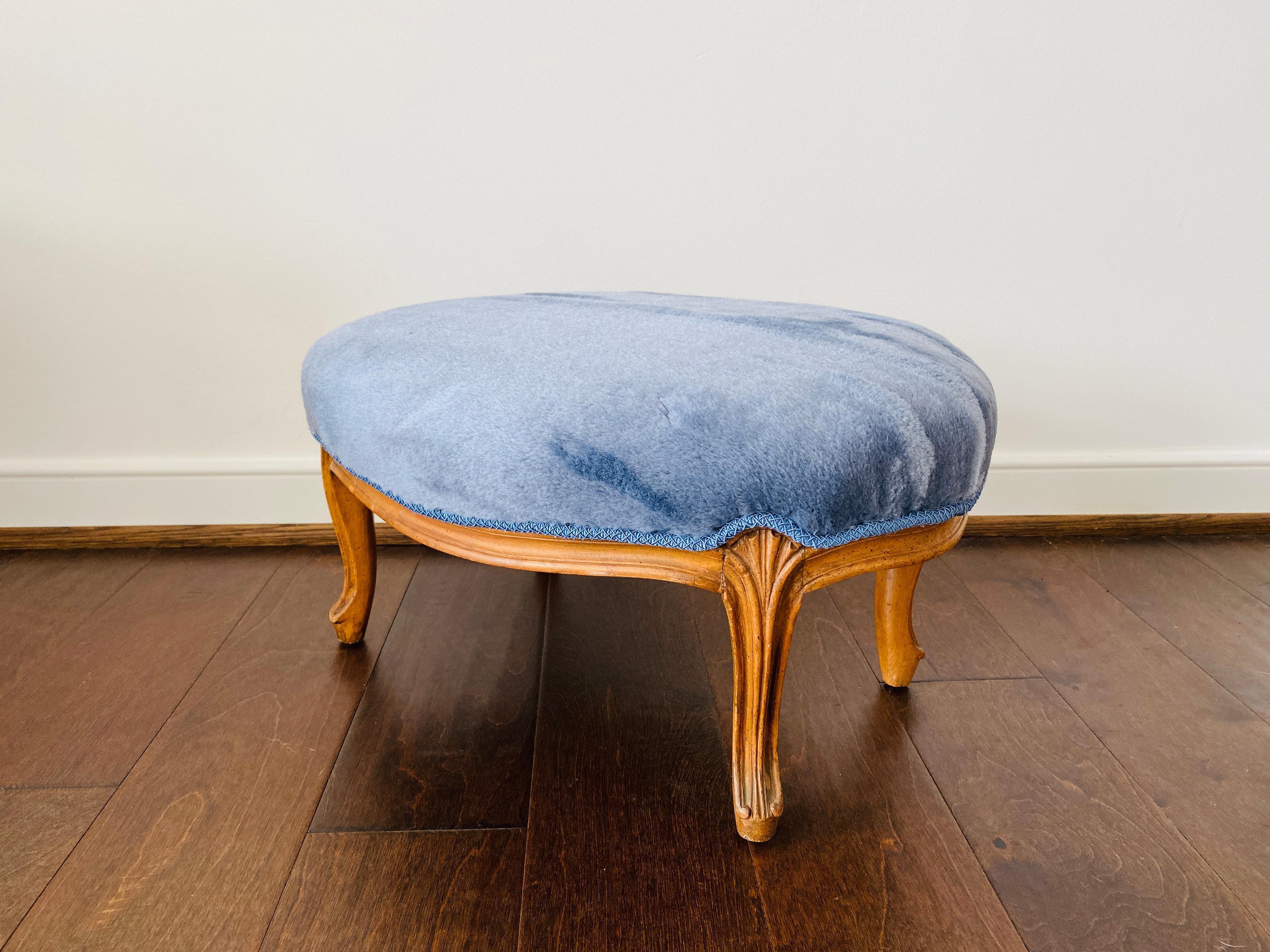 Italian 1950s French Footstool in Scalamandré 'Polar Bear - Blue Frost' Mohair For Sale