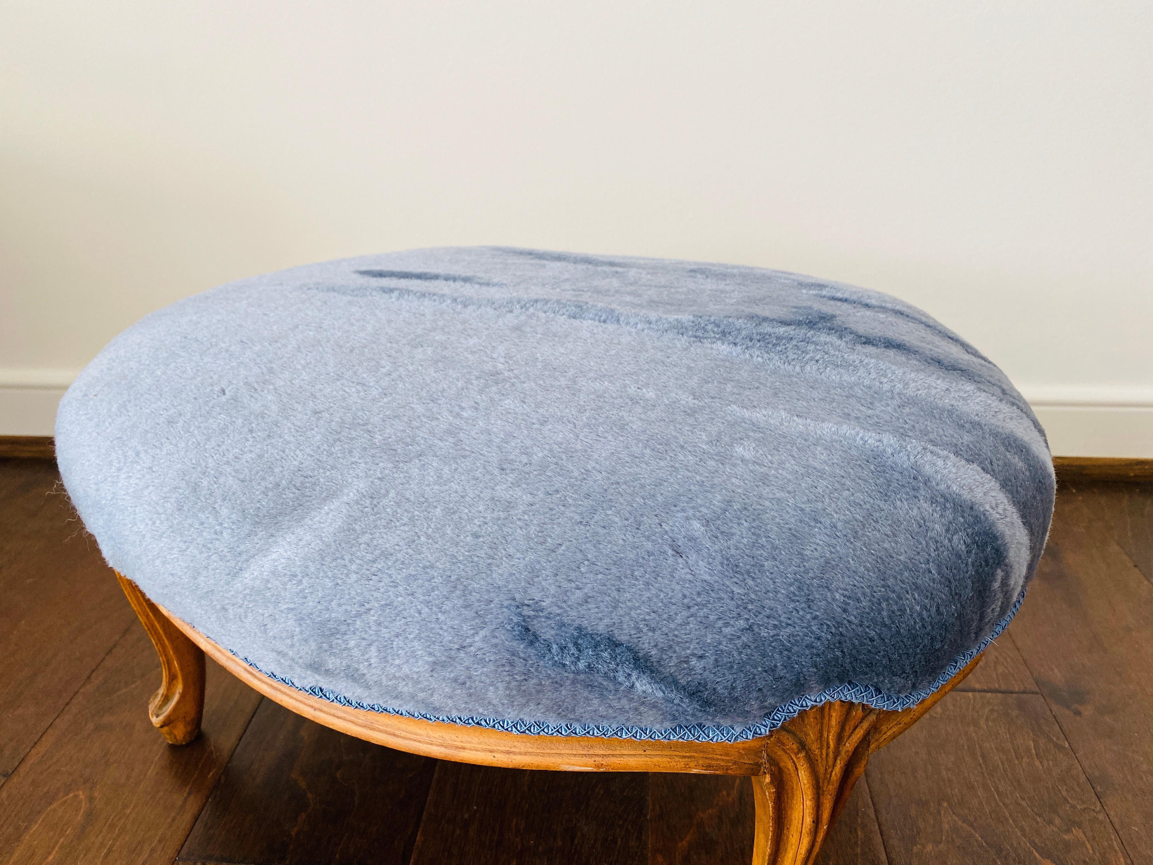 Hand-Carved 1950s French Footstool in Scalamandré 'Polar Bear - Blue Frost' Mohair For Sale