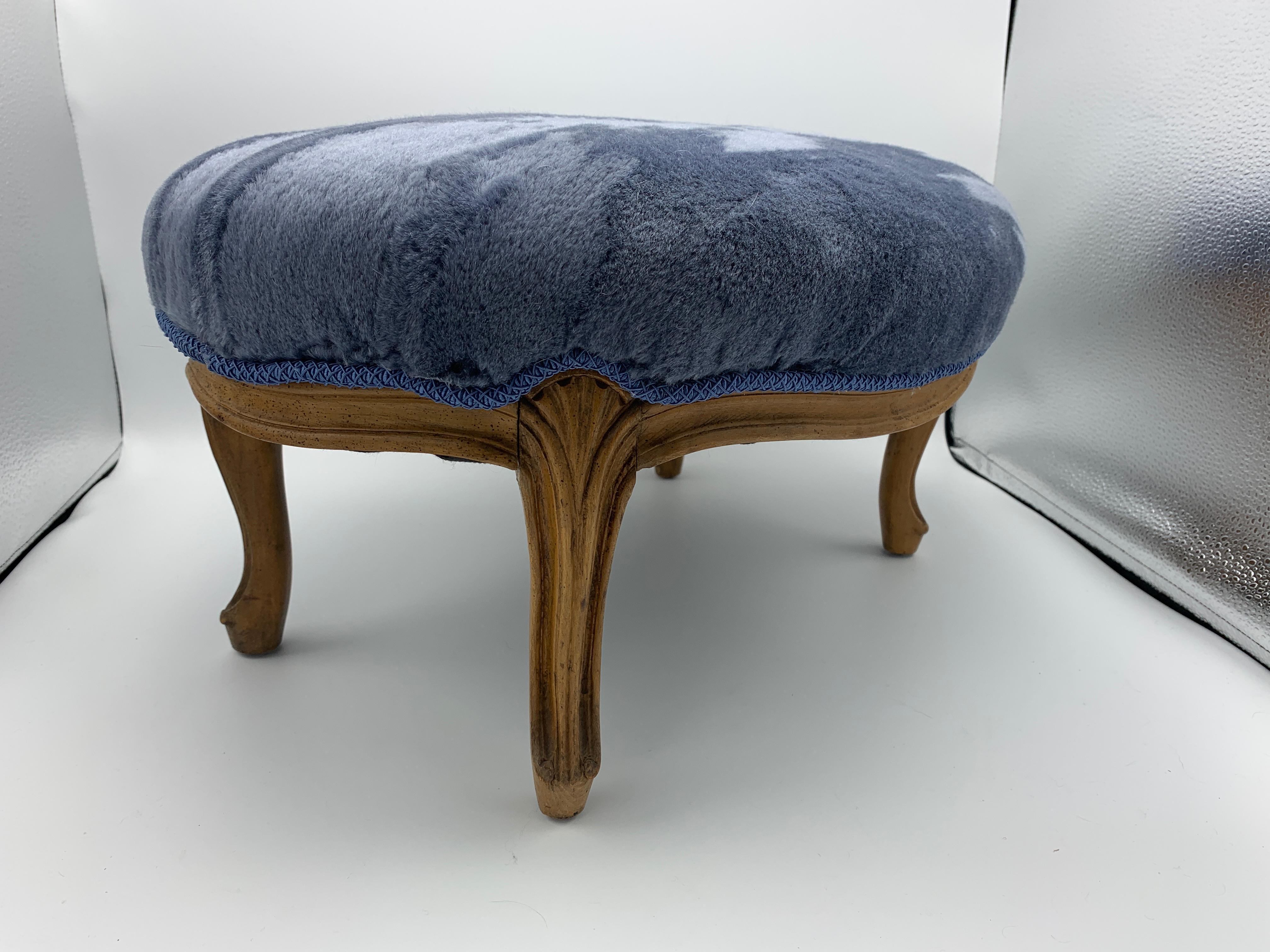 20th Century 1950s French Footstool in Scalamandré 'Polar Bear - Blue Frost' Mohair For Sale