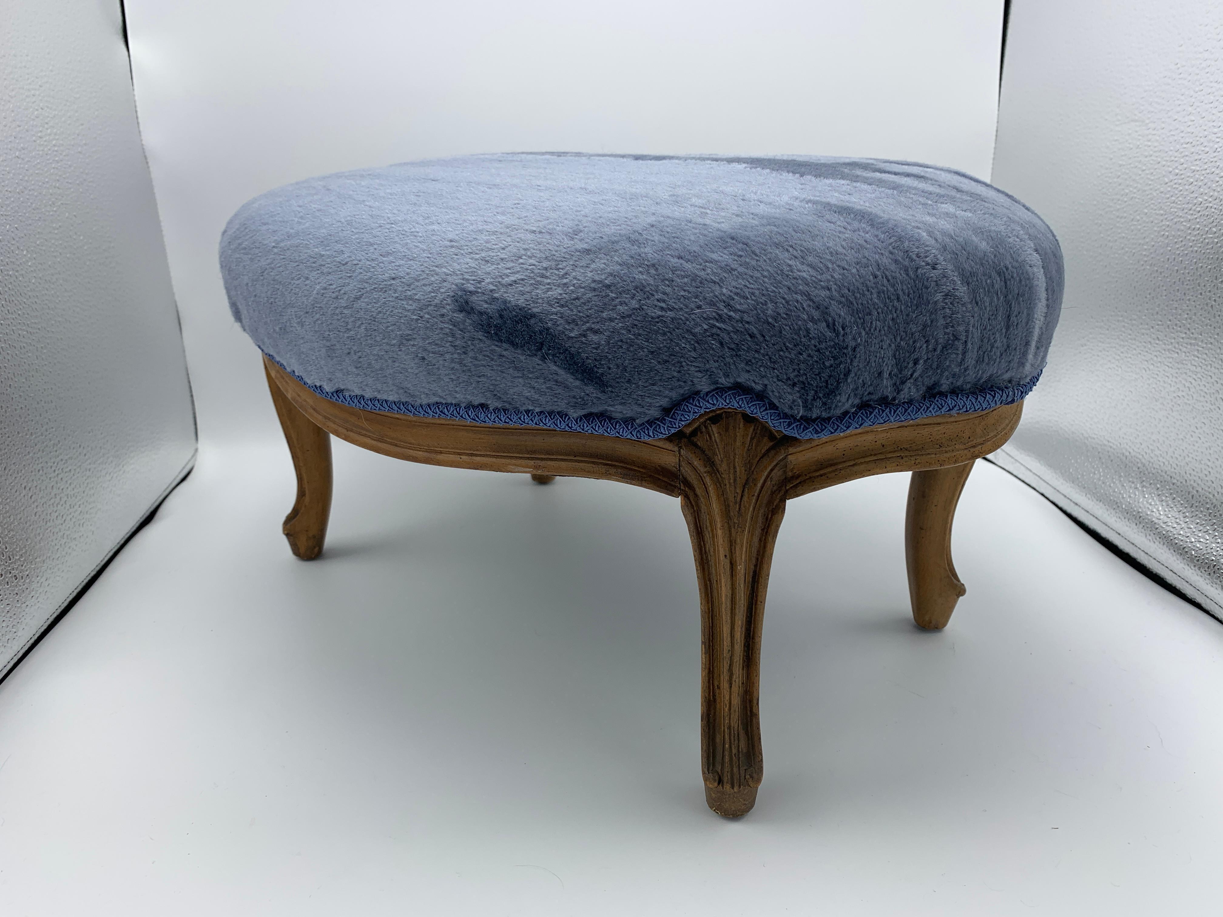 1950s French Footstool in Scalamandré 'Polar Bear - Blue Frost' Mohair For Sale 1