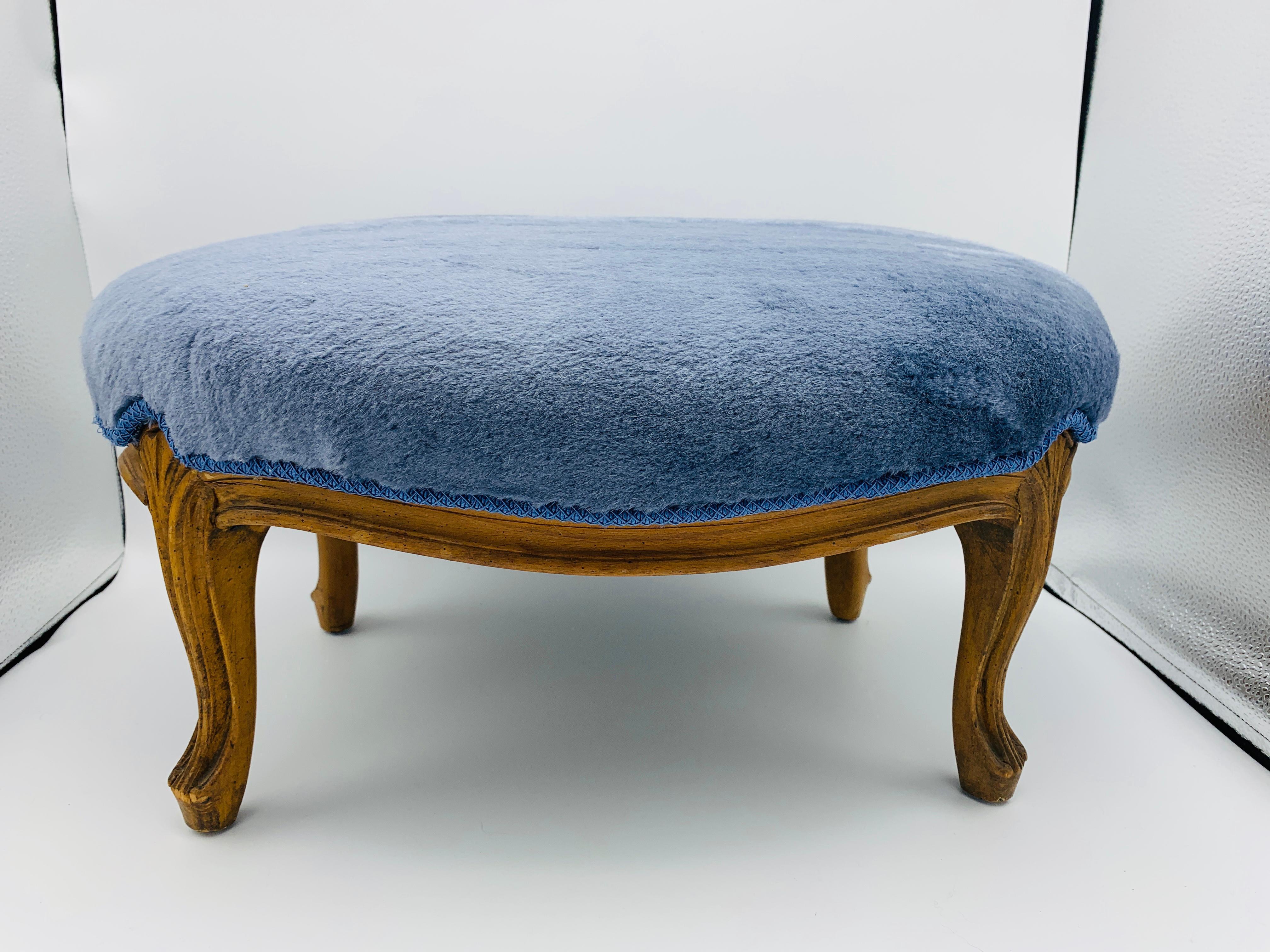 1950s French Footstool in Scalamandré 'Polar Bear - Blue Frost' Mohair For Sale 2