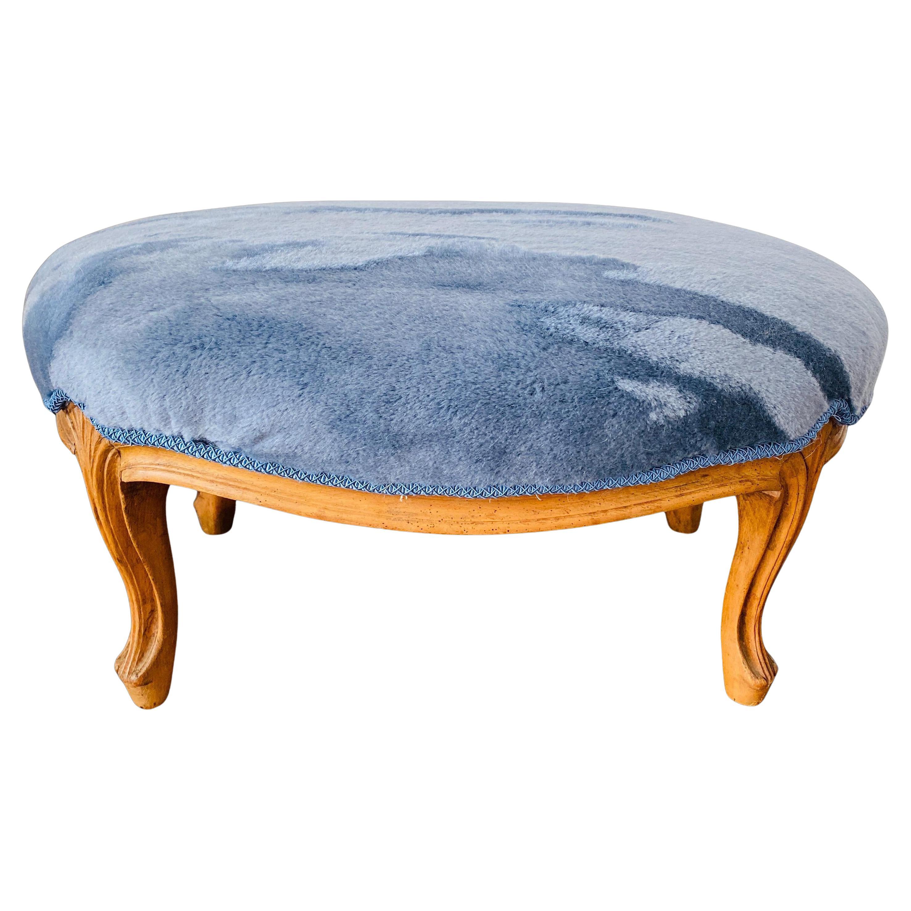 1950s French Footstool in Scalamandré 'Polar Bear - Blue Frost' Mohair For Sale