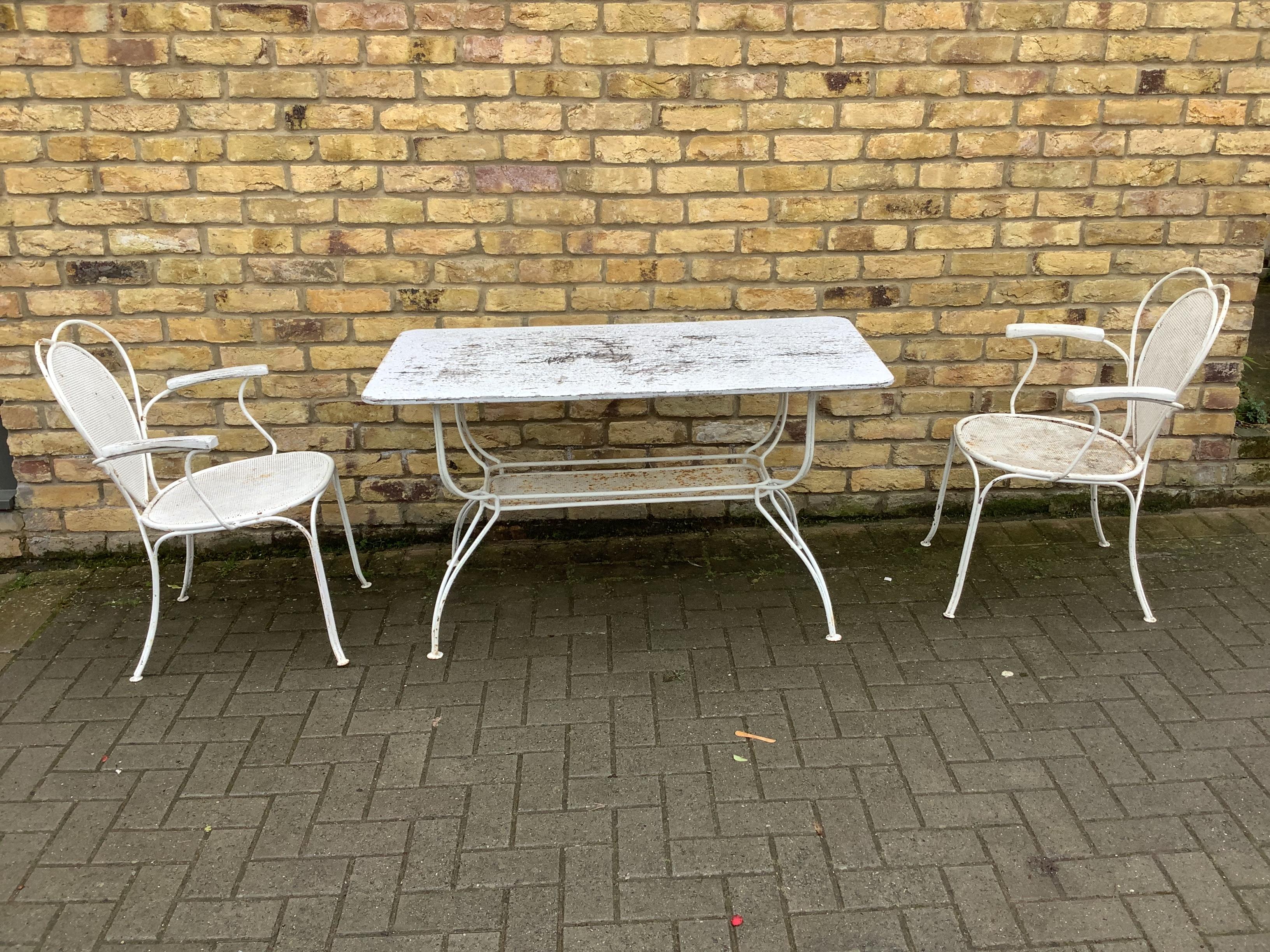Mid-Century Modern 1950s French Garden Bench Table and Chairs