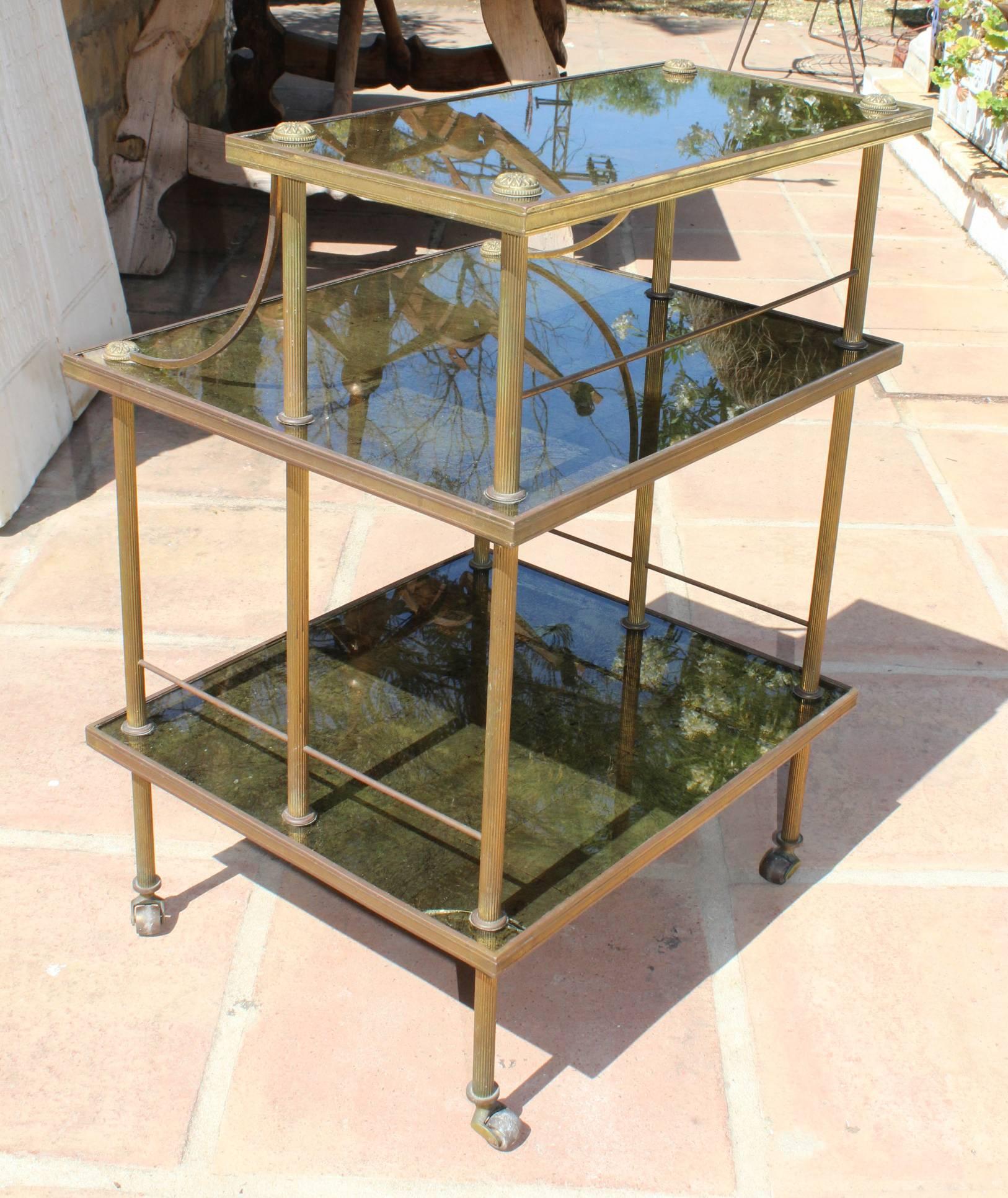20th Century 1950s French Gilded Brass and Glass Food Trolley