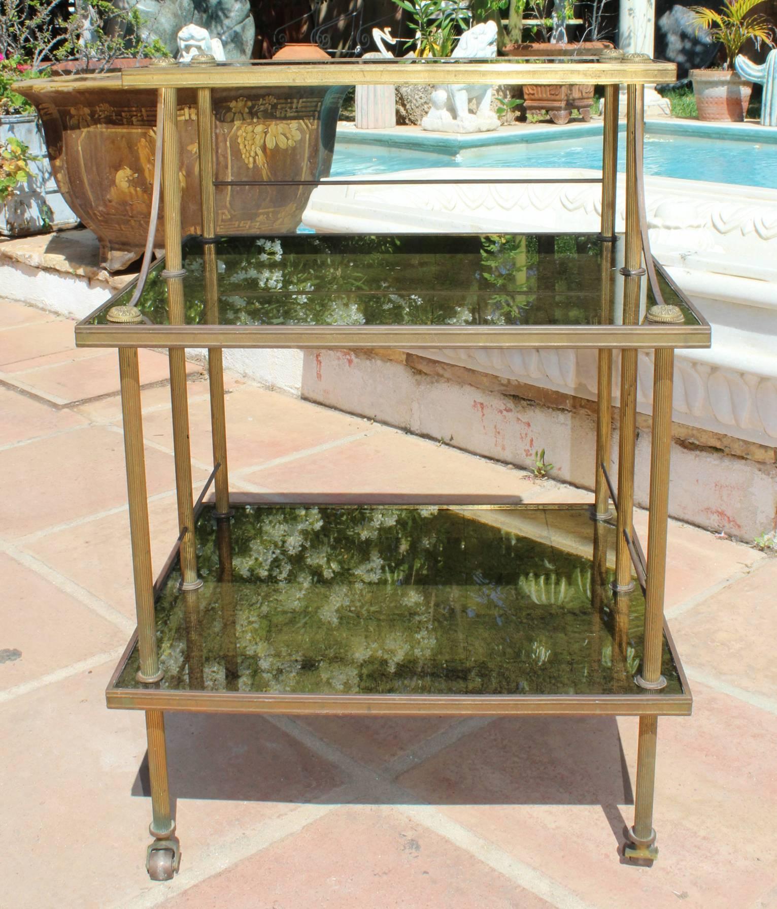 1950s French Gilded Brass and Glass Food Trolley 1