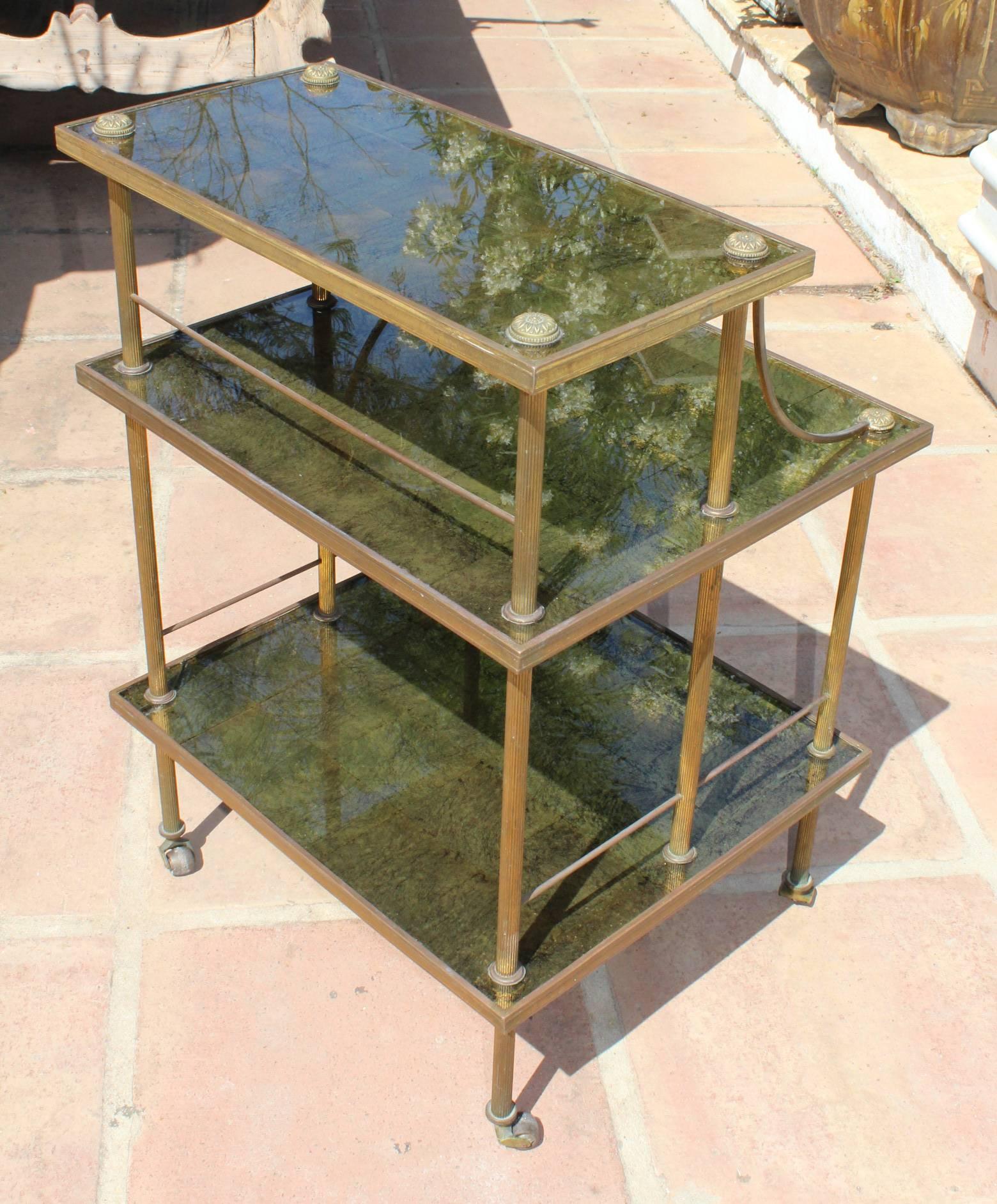 1950s French Gilded Brass and Glass Food Trolley 2