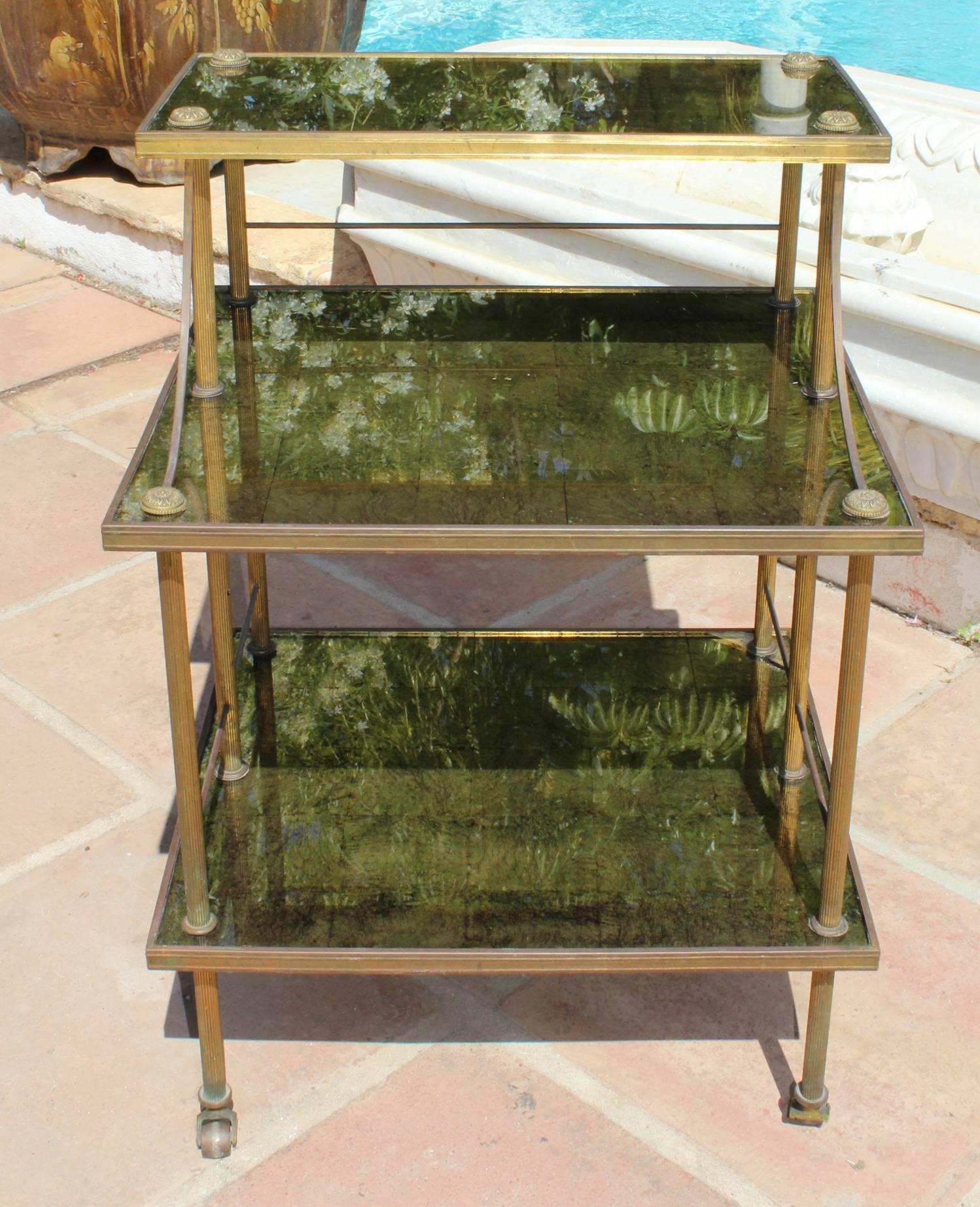 1950s French Gilded Brass and Glass Food Trolley 3